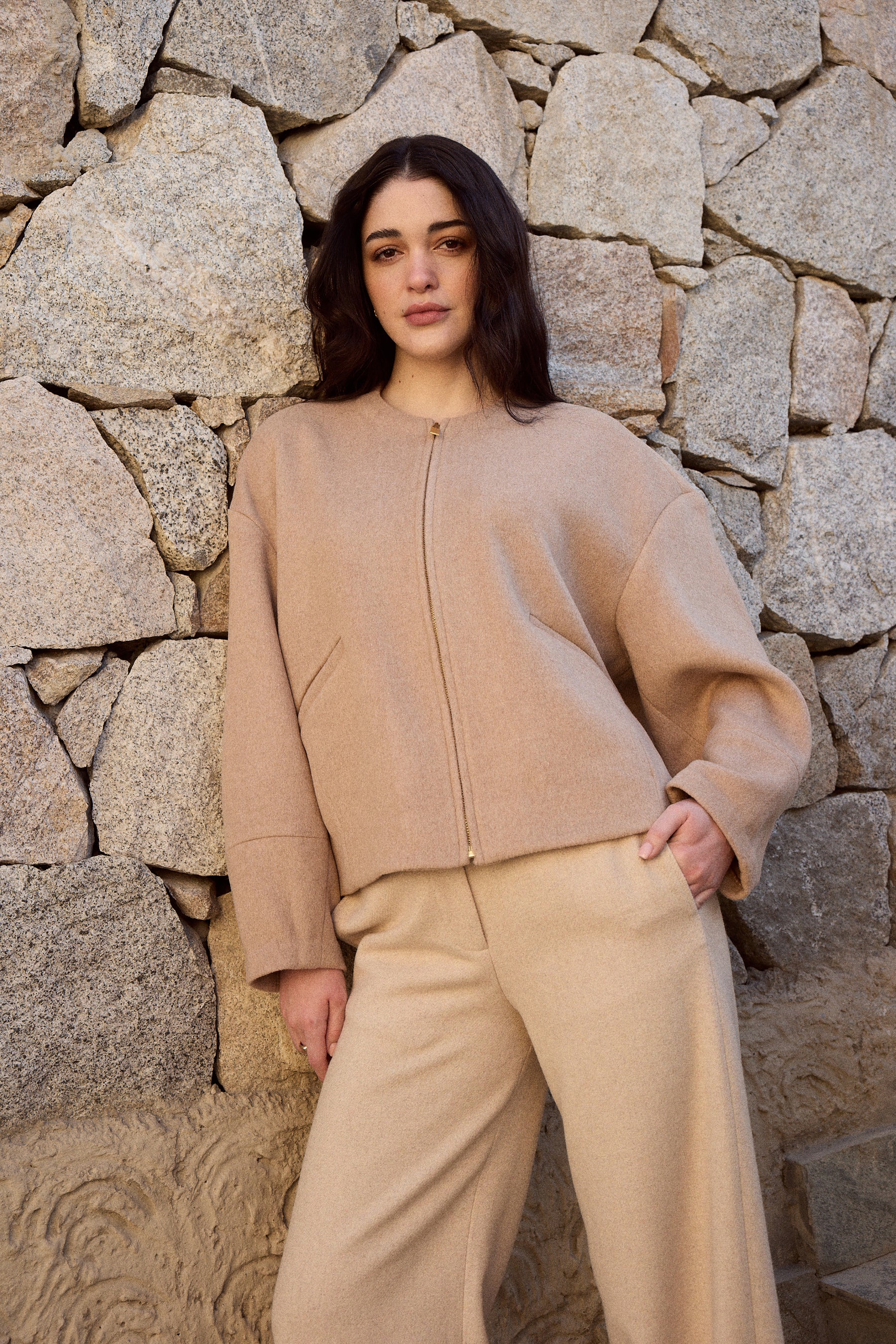 Merino Wool Blend Zip Up Jacket & Merino Wool Blend New Pants (Oatmeal)