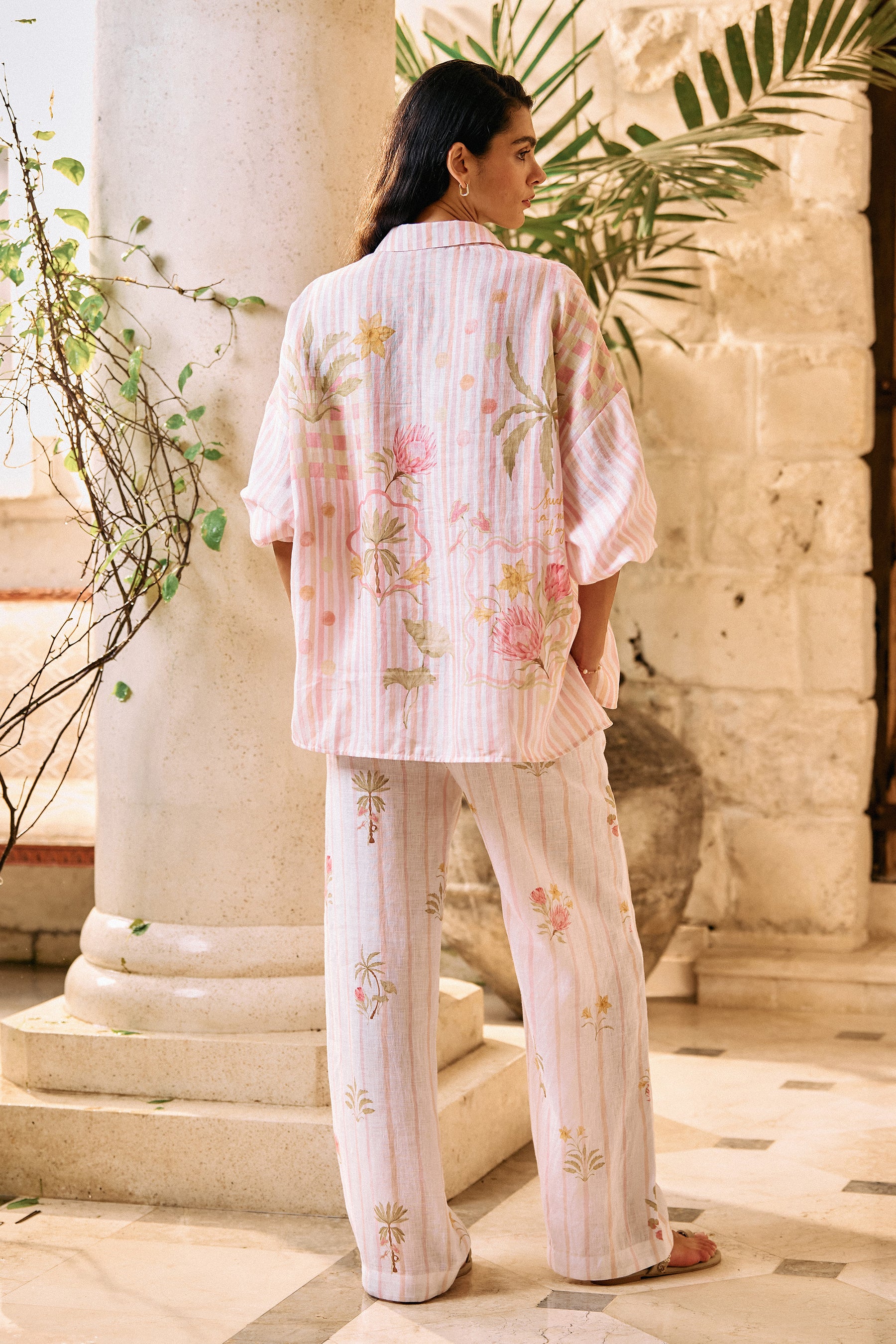 White Floral Print Linen Shirt