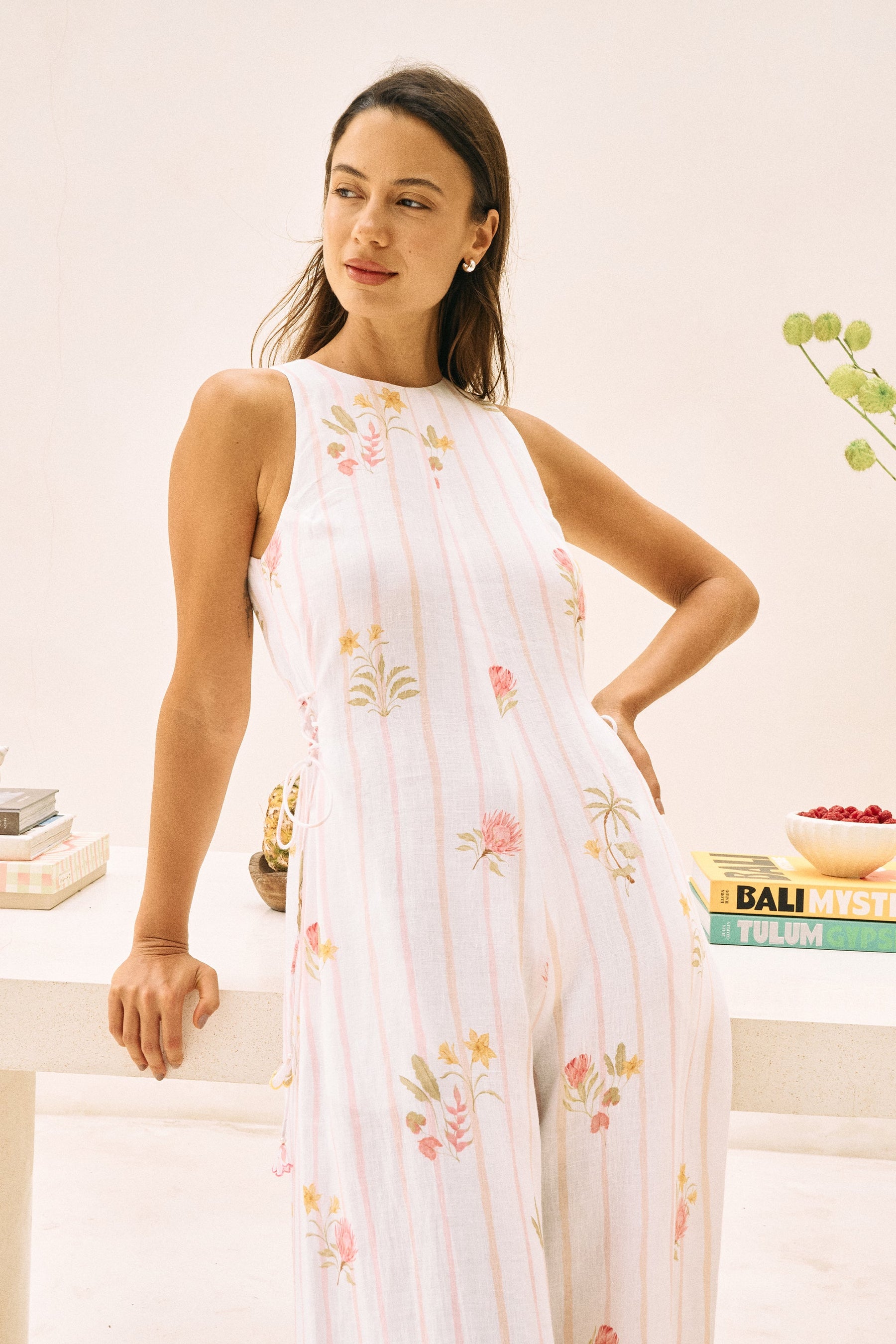 White Floral Print Linen Postcard Jumpsuit