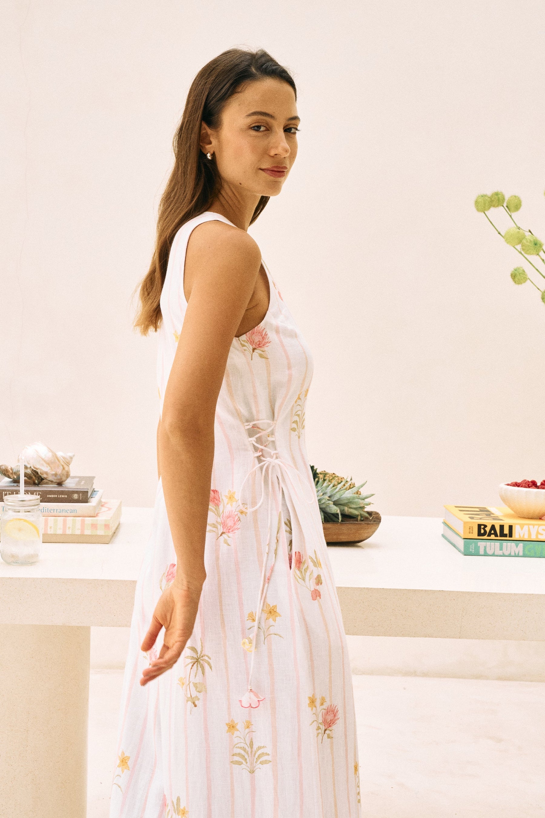White Floral Print Linen Postcard Jumpsuit