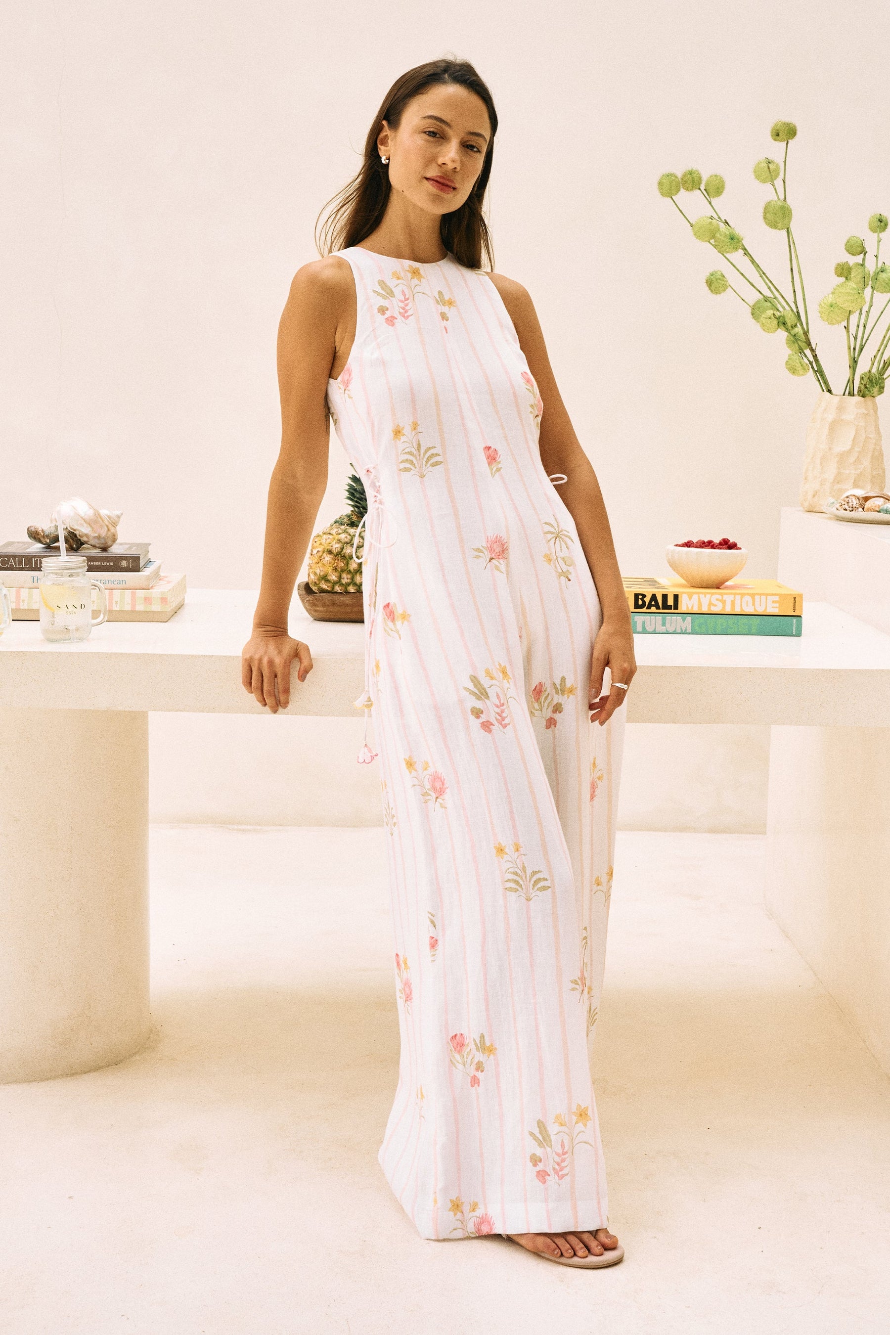 White Floral Print Linen Postcard Jumpsuit