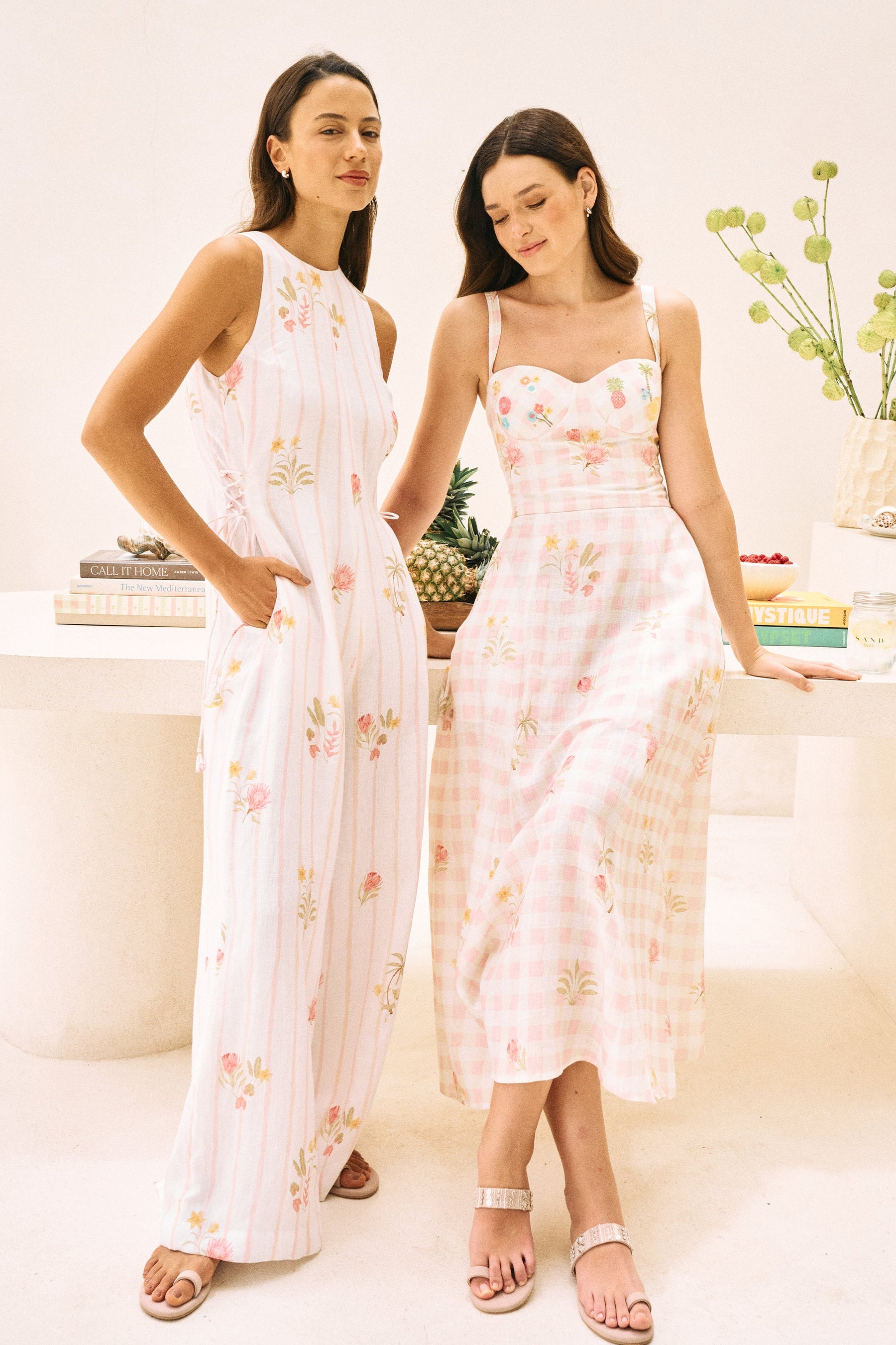 White Floral Print Linen Postcard Jumpsuit