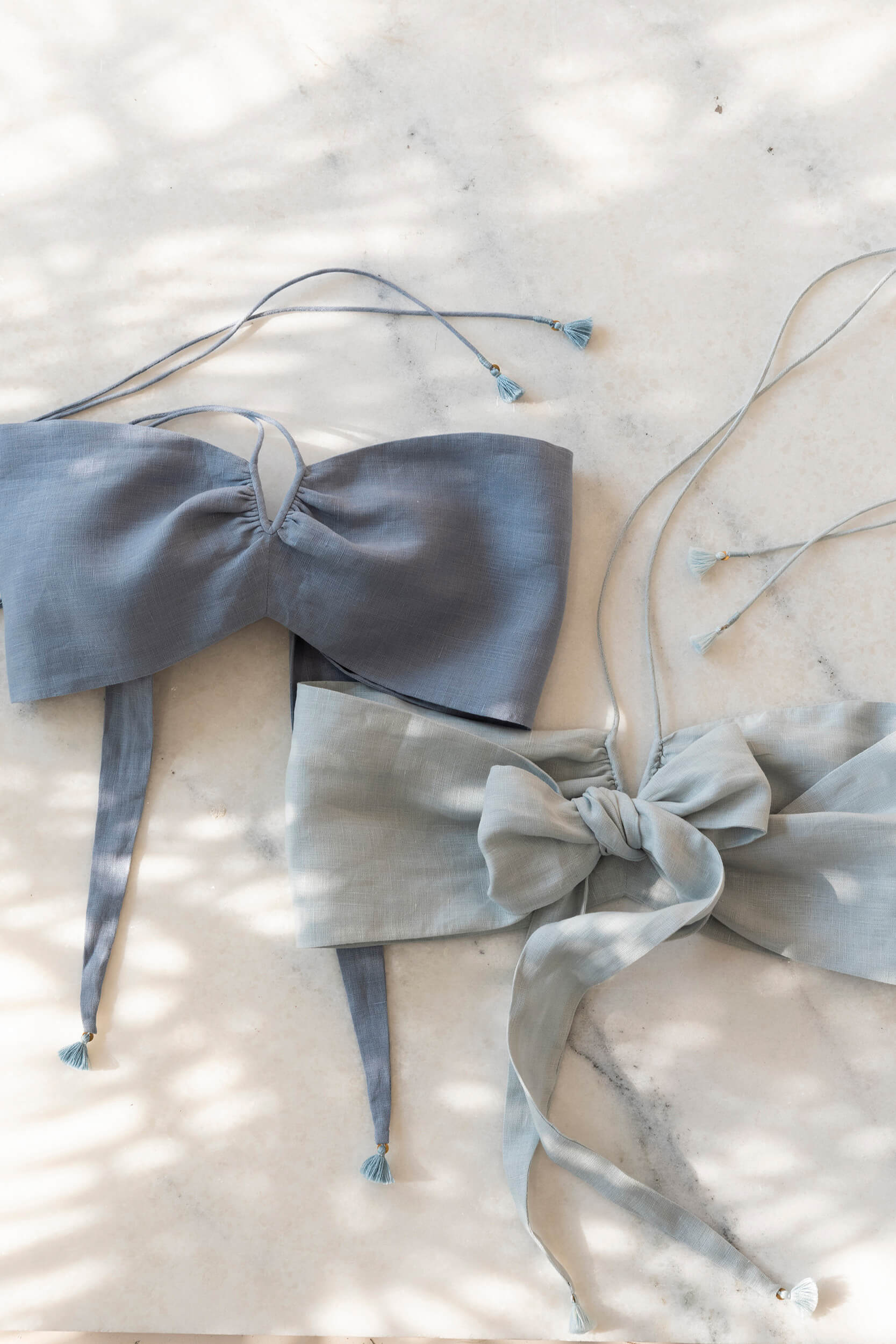 Dusk Blue Organic Linen Front Knot Back Tie Bandeau Top