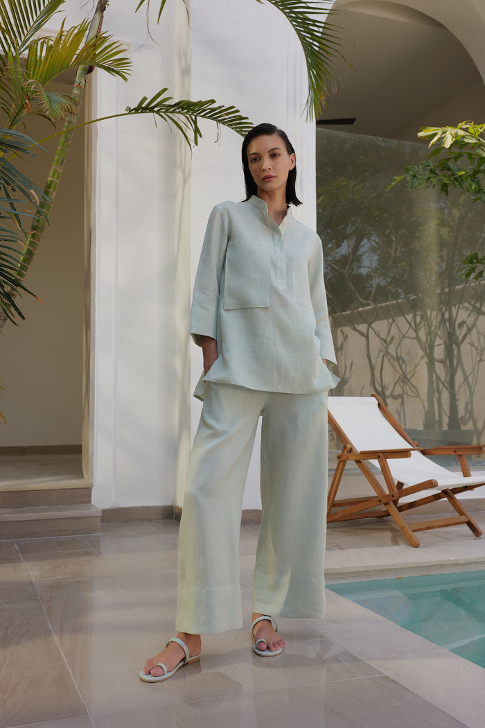Mint Organic Linen Shirt Top With Band Collar & Side Pockets