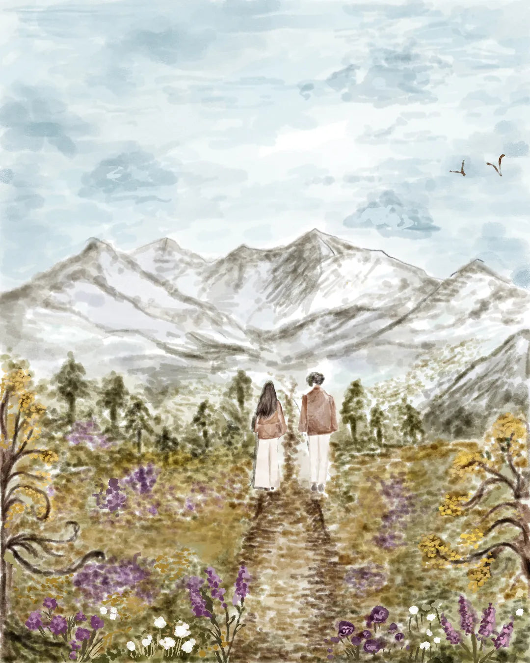 Two travellers on a path through purple wildflowers toward snow-capped mountains