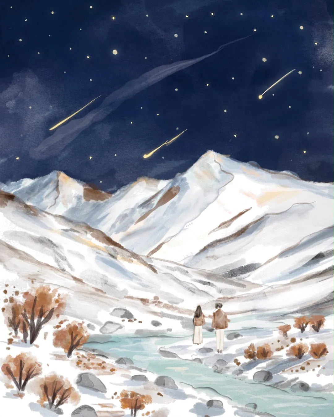 Two travellers by a glacial stream beneath snow peaks, with shooting stars across a night sky