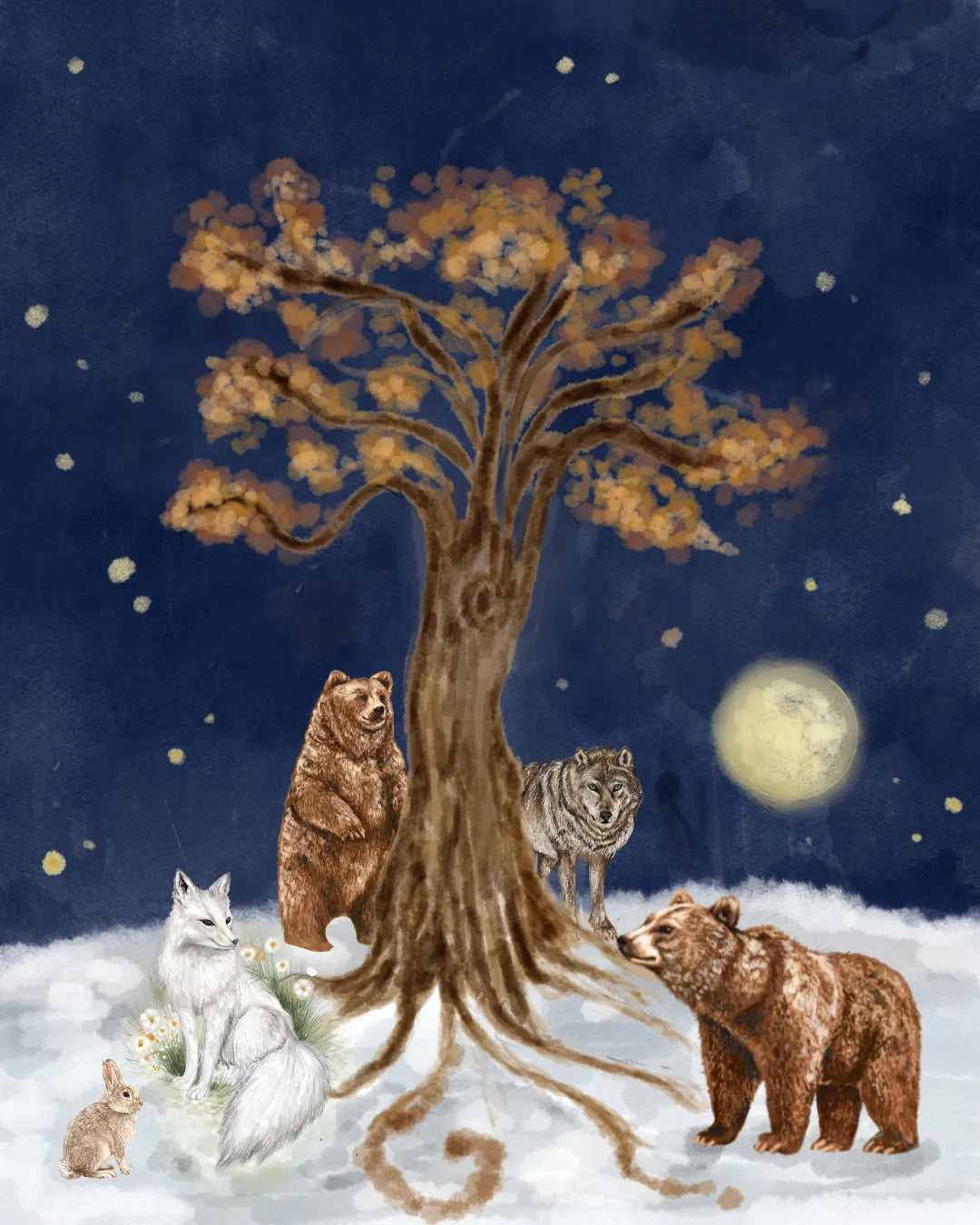 Brown bears, a wolf, a white fox and a hare gathered around a great autumn tree under the moon