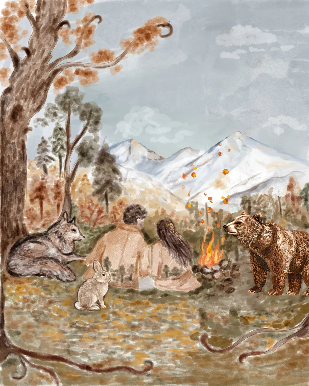 Two travellers by a campfire with a wolf, a hare and a brown bear as autumn leaves fall