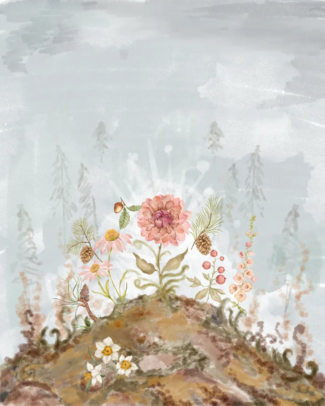 Alpine flowers, berries and pine sprigs blooming on a barren hill in the mist