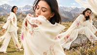 Alpine Meadow embroidery editorial — ivory botanical woollen co-ord looks in a mountain landscape