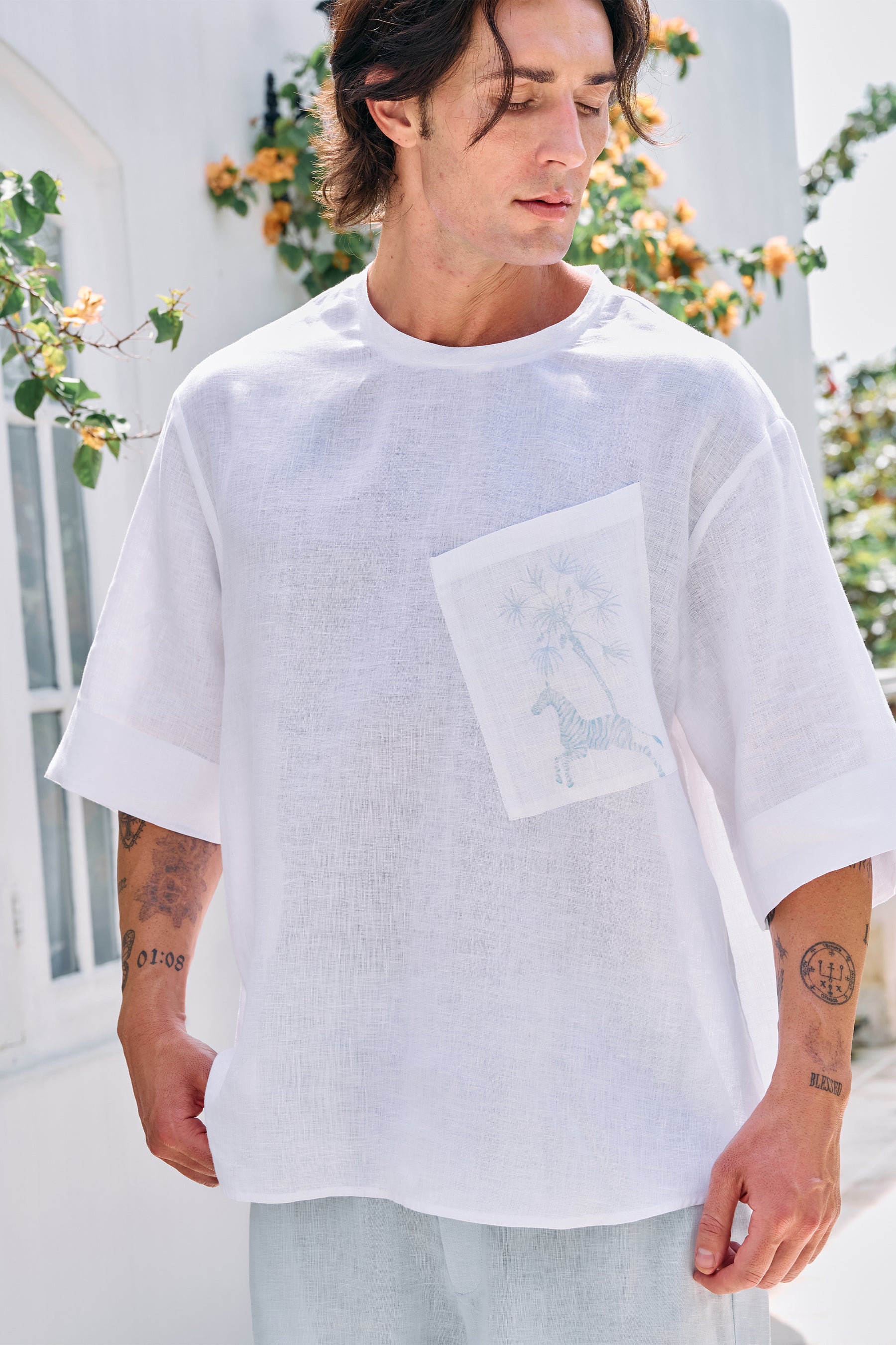Oasis Print Pocket Shirt- MAN (White & Spring Blue)