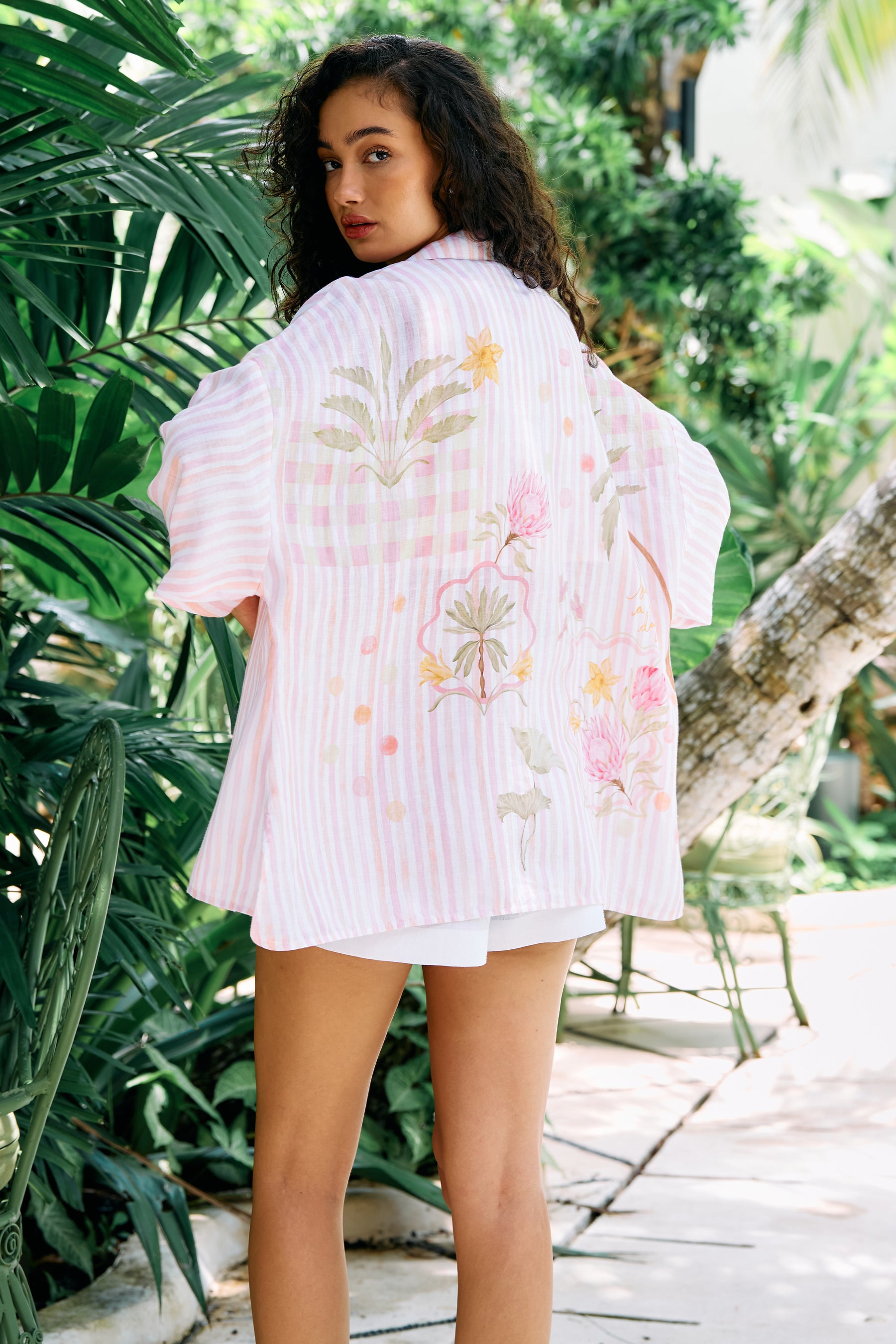 White Floral Print Linen Shirt 