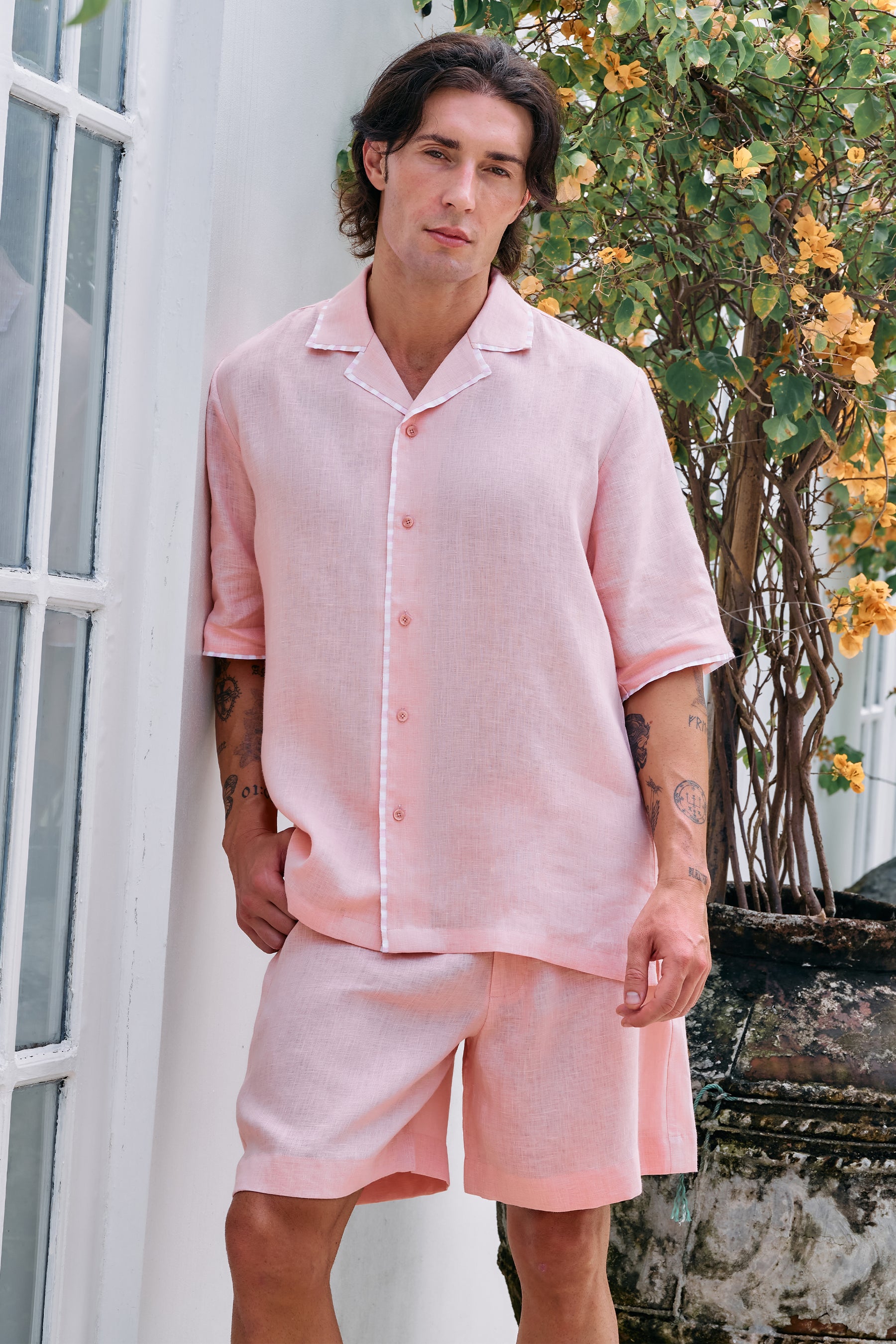Raspberry Daybreak Camp Collar Linen Shirt for Man