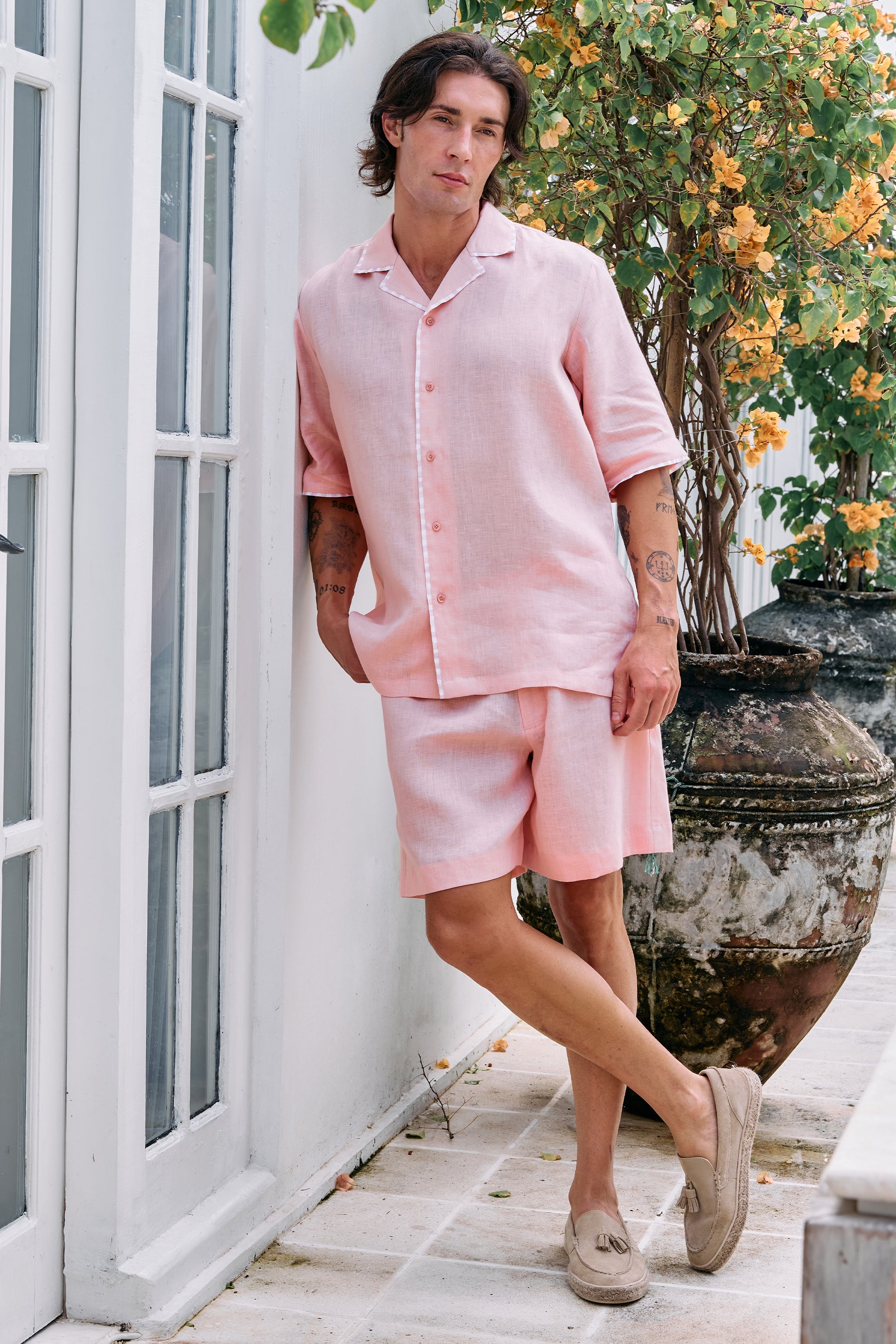 Raspberry Daybreak Camp Collar Linen Shirt for Man
