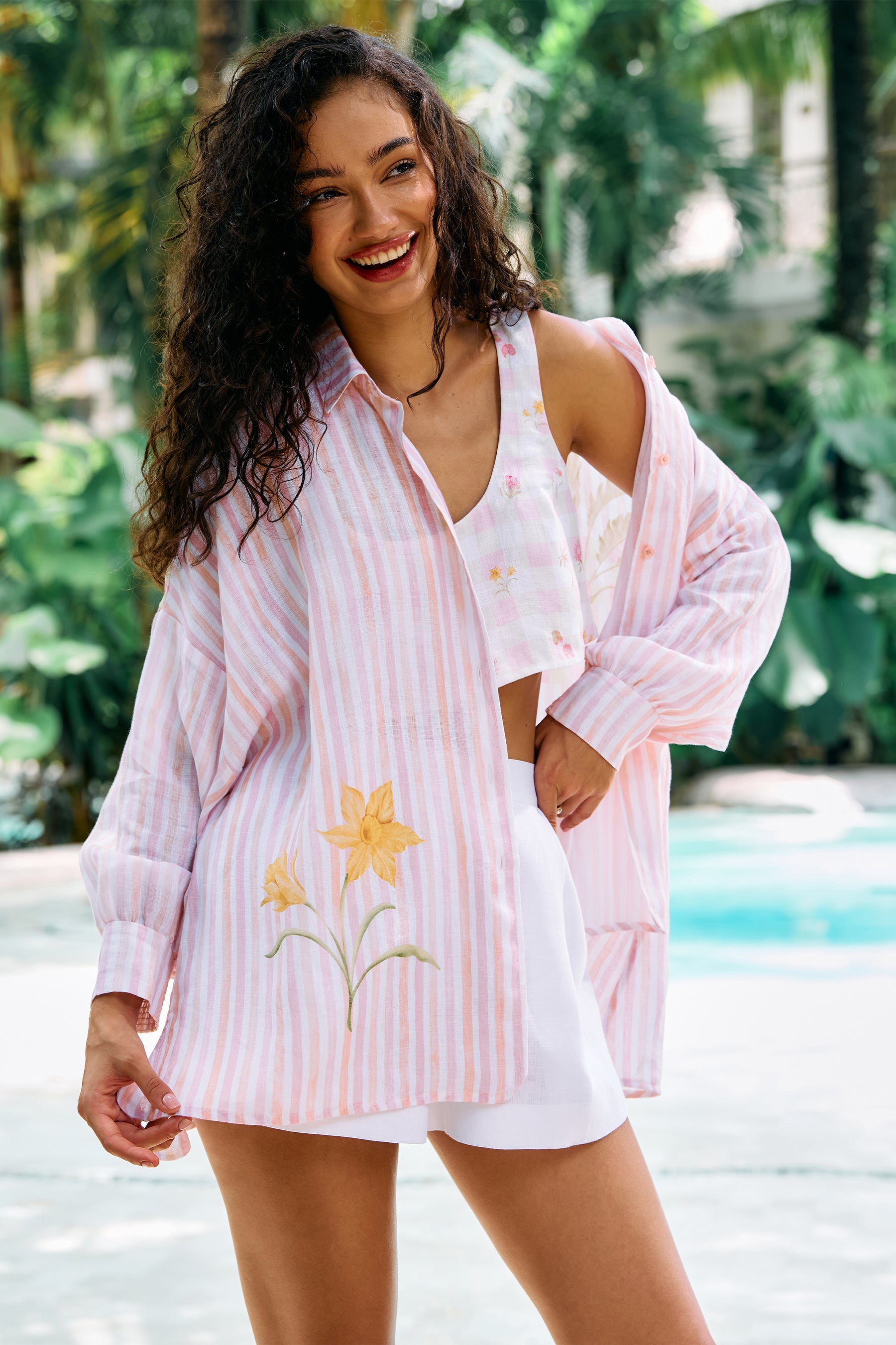 White Floral Print Linen Shirt 