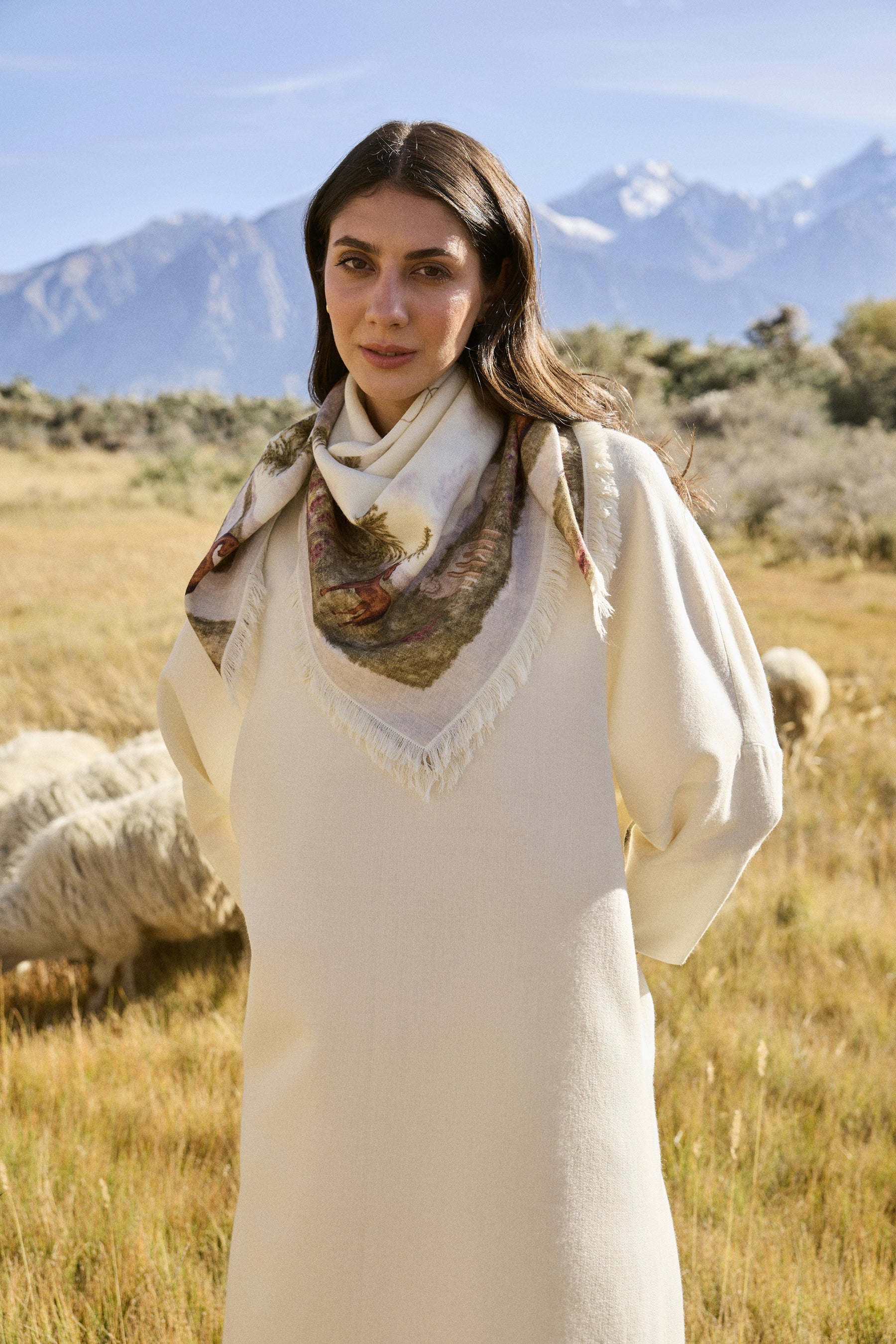 Valley Print Woollen Kaftan & Valley Print Woollen Scarf (Ivory)