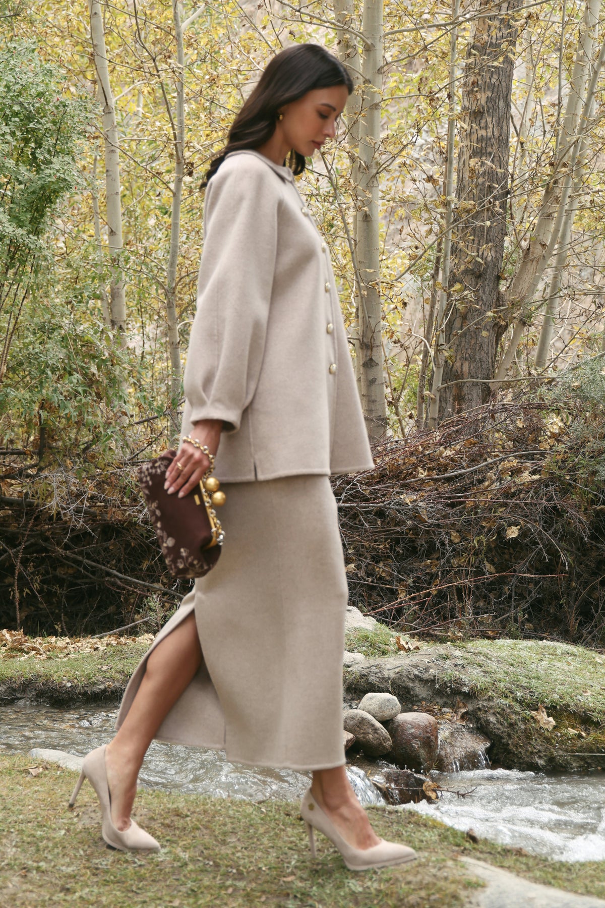 Cashmere-Silk-Merino Blend Column Skirt (Winter Oat)