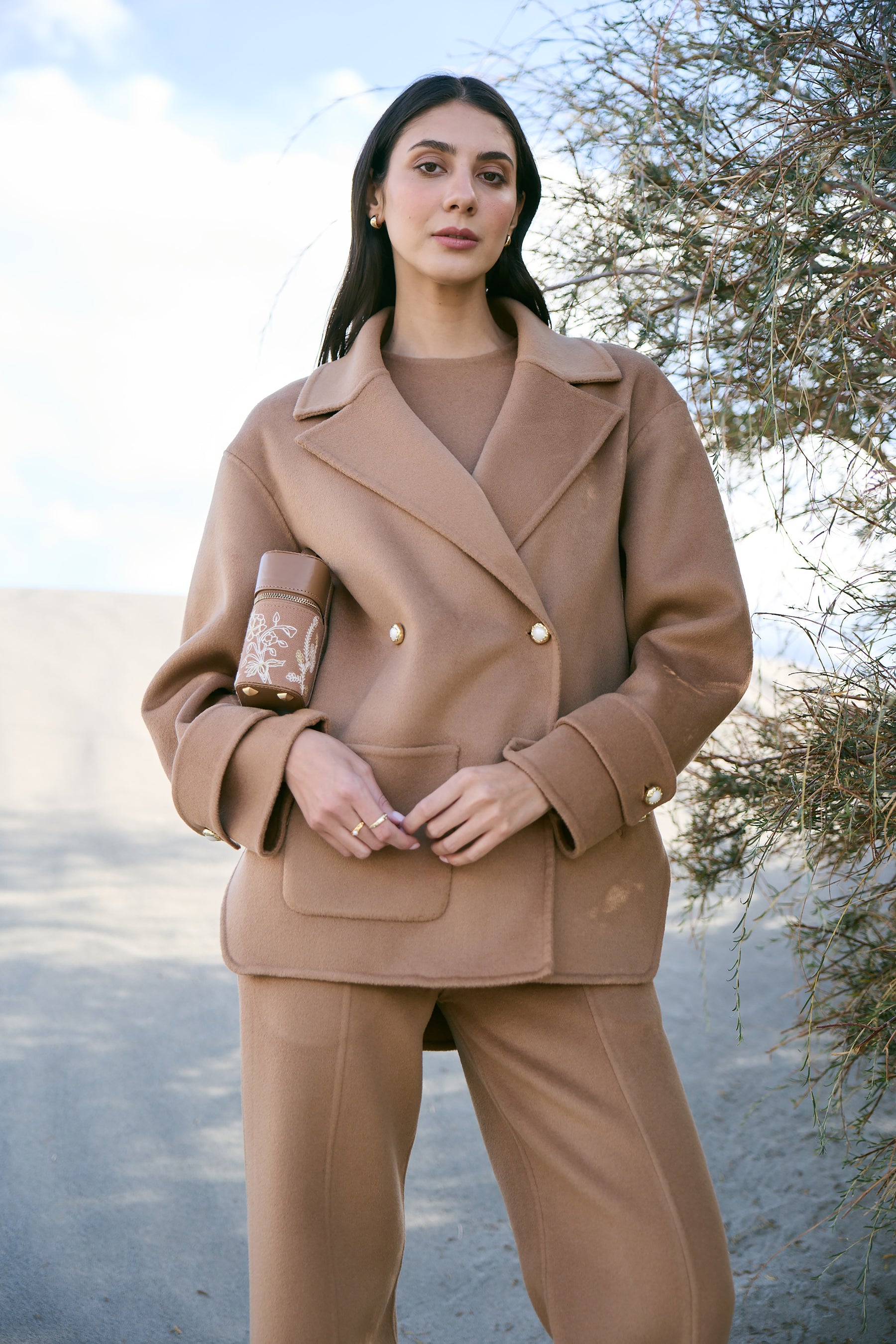 Cashmere-Silk-Merino Blend Short Coat & Cashmere-Silk-Merino Blend Pants (Warm Honey)