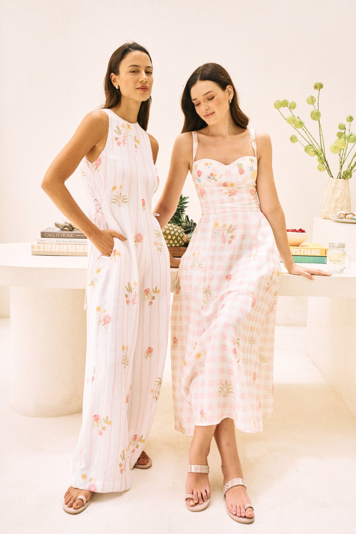 White Floral Print Flowy Linen Midi Postcard Dress