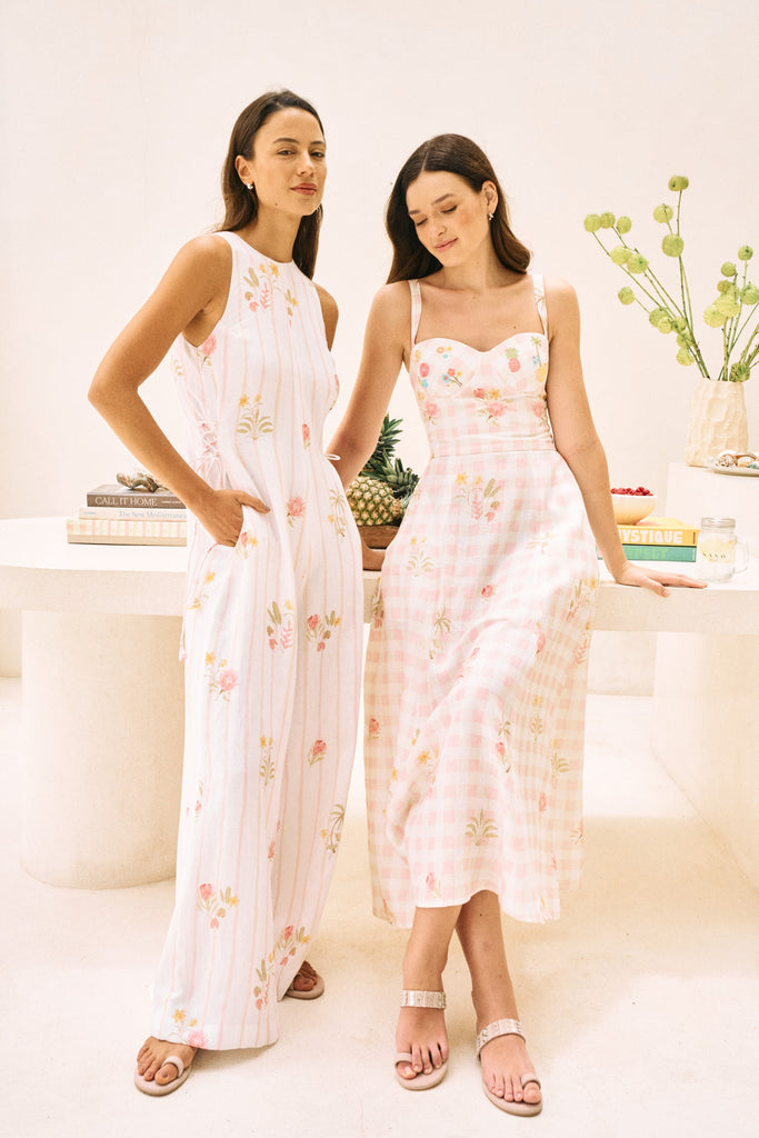 White Floral Print Flowy Linen Midi Postcard Dress – SandByShirin