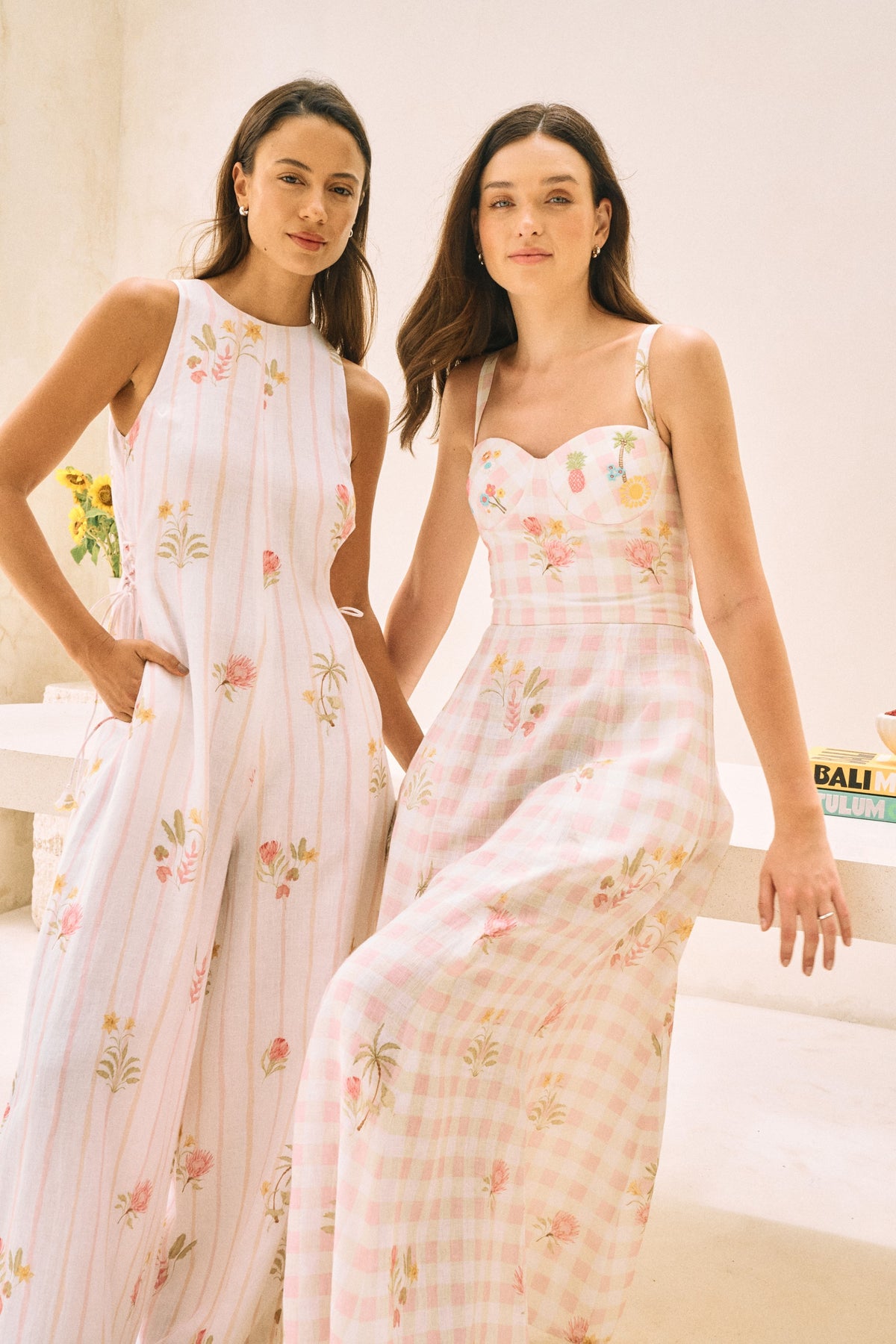 White Floral Print Flowy Linen Midi Postcard Dress