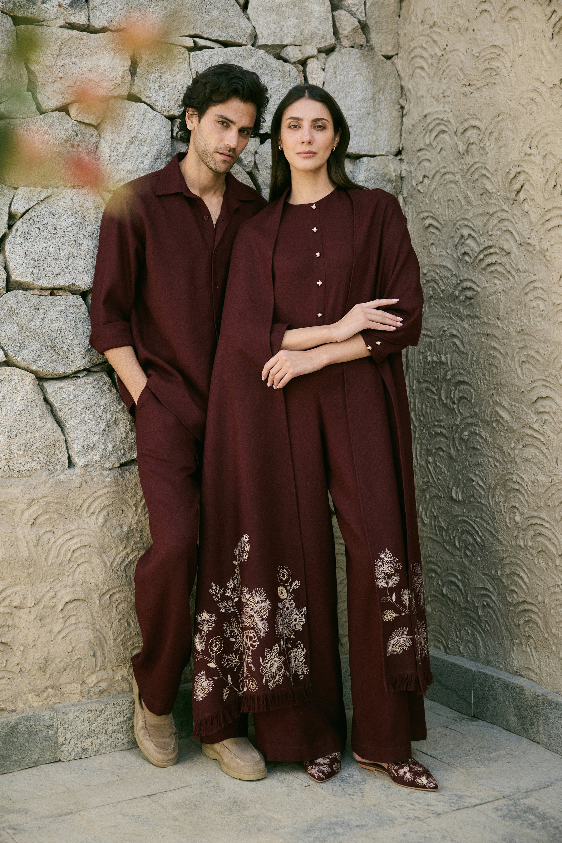 Meco Woollen Jumpsuit with Woollen Shawl (Merlot)