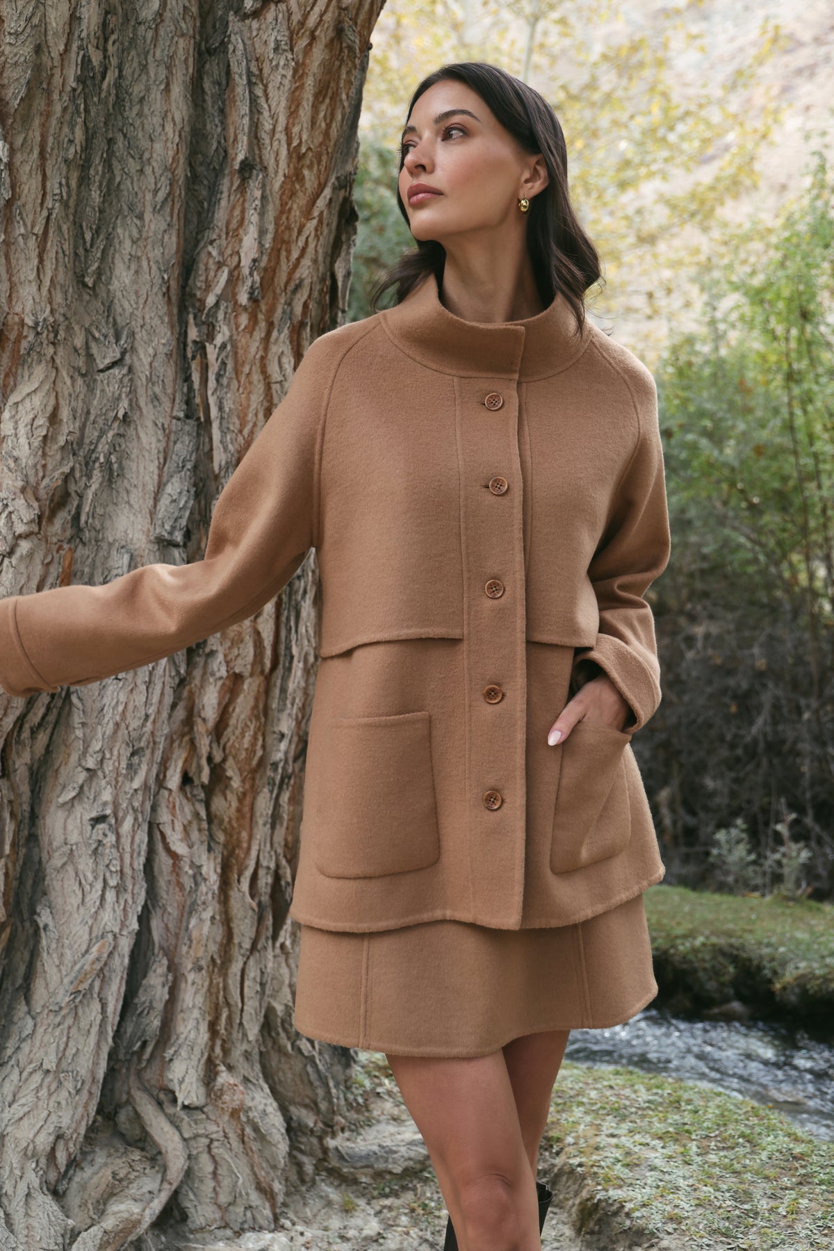 Outlands Merino Wool Blend Trench Jacket (Caramel) & Merino Wool Blend Short Skirt (Caramel)