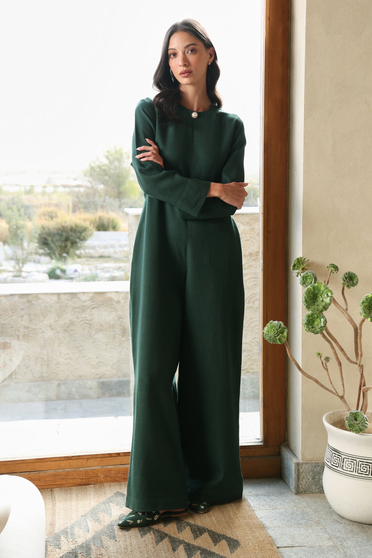 Evergreen Woollen Jumpsuit (Forest Pine) & Evergreen Woollen Shawl (Forest Pine)