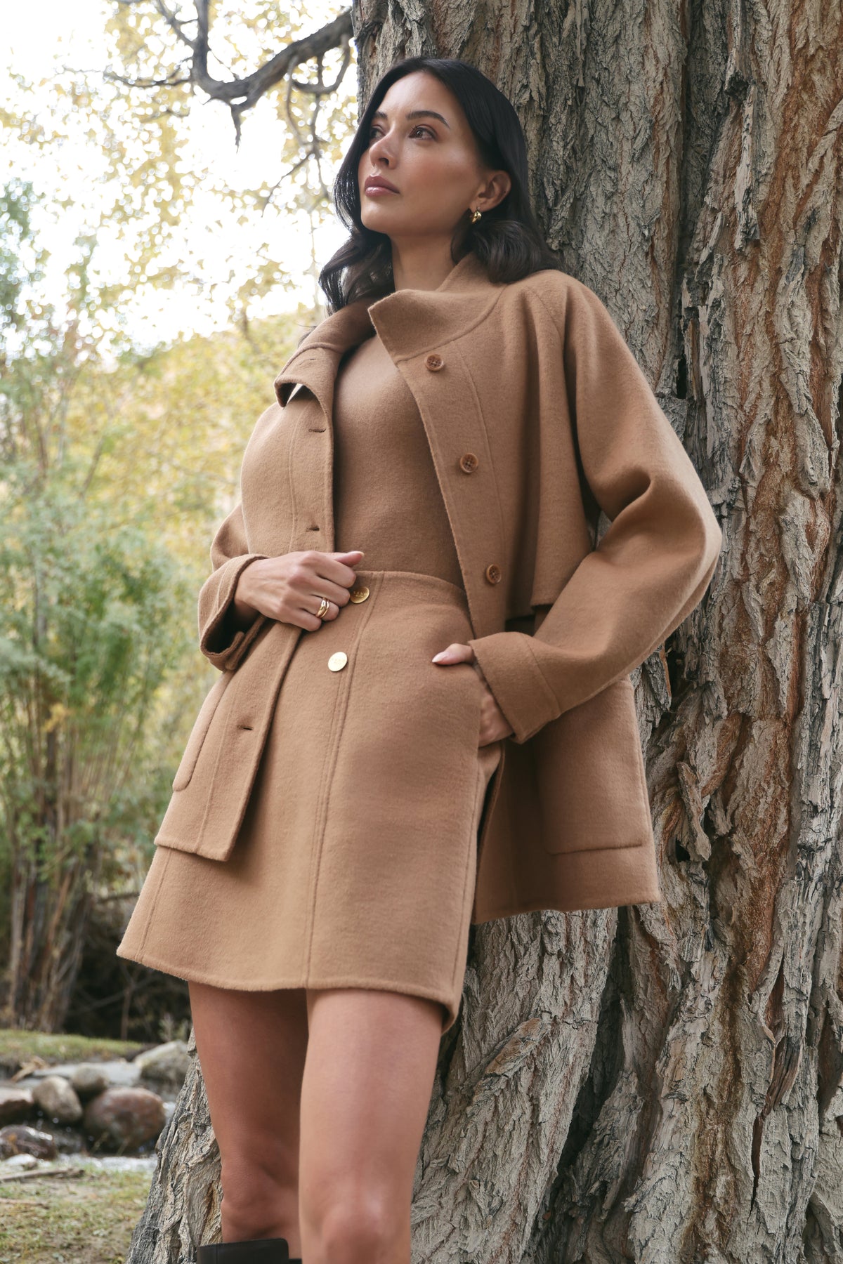 Outlands Merino Wool Blend Trench Jacket (Caramel) & Merino Wool Blend Short Skirt (Caramel)