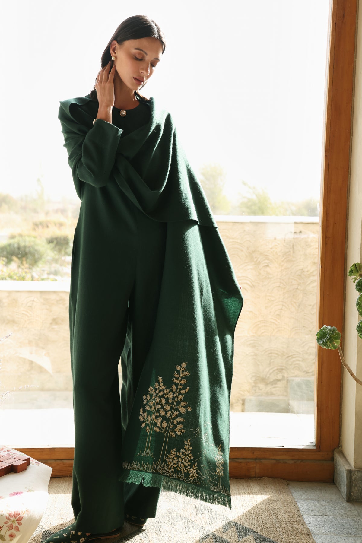 Evergreen Woollen Jumpsuit (Forest Pine) & Evergreen Woollen Shawl (Forest Pine)
