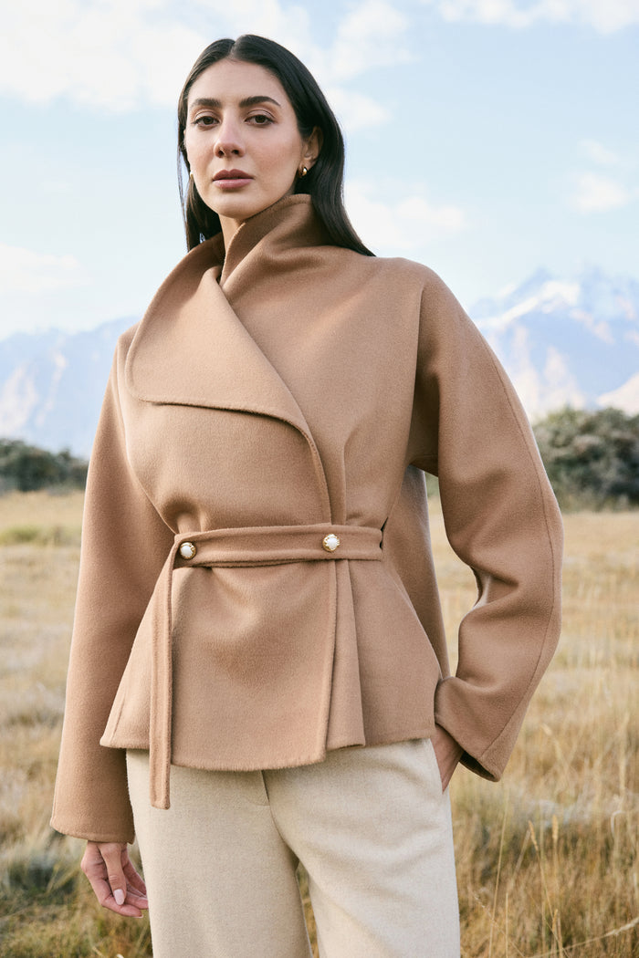 Cashmere-Silk-Merino Blend Wrap Coat (Warm Honey)