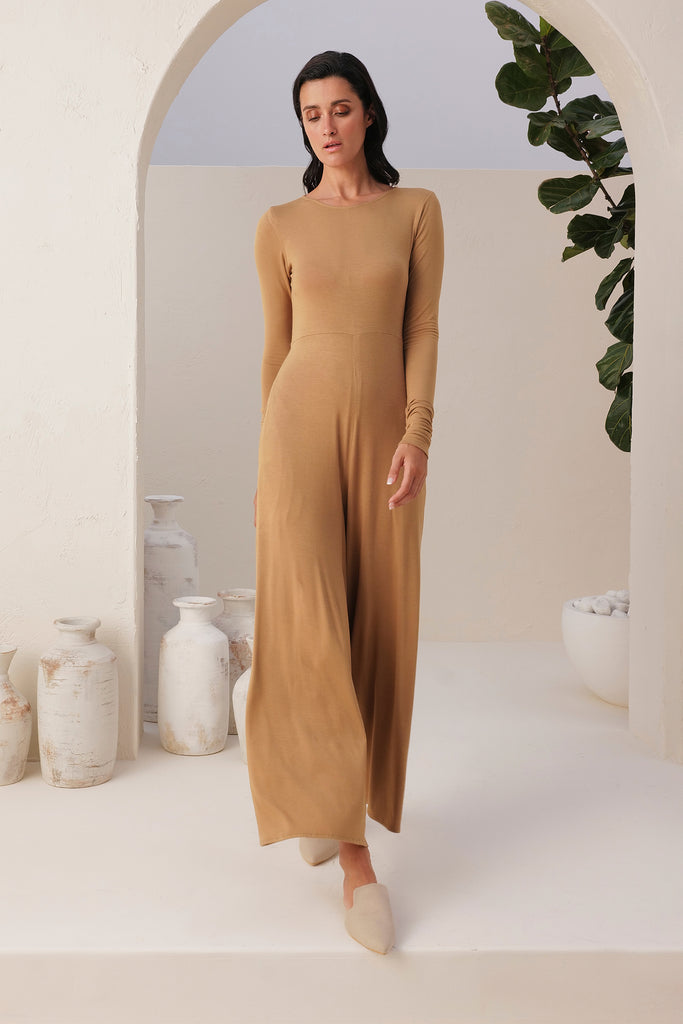 Sand Color Jumpsuit Ankle To Long Length With A Narrow Round Neck, And Long Sleeves 