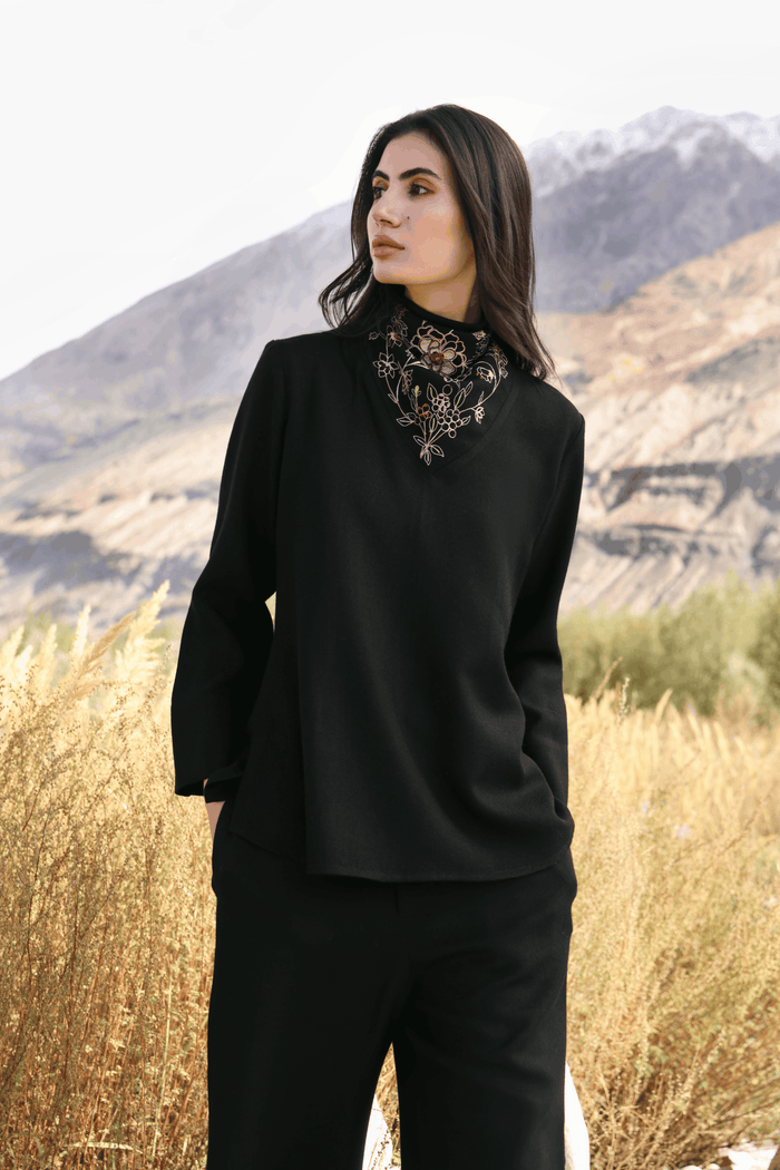 Winter Hush Button Scarf Woollen Top (Black)