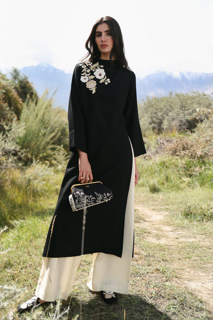 Nightfall Long Woollen Top (Black) & Laha Woollen Pants (Ivory)