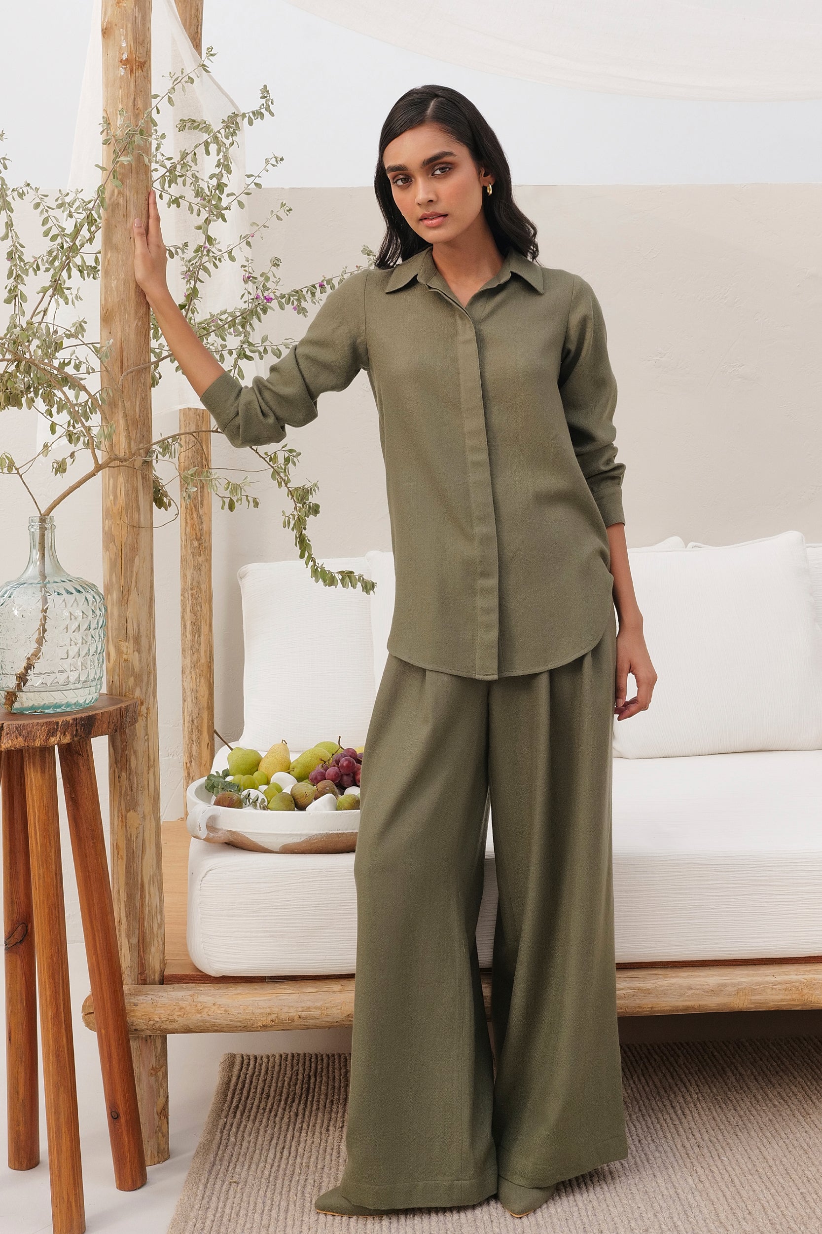 Moss Color Button Down Collar Natural Wool Shirt