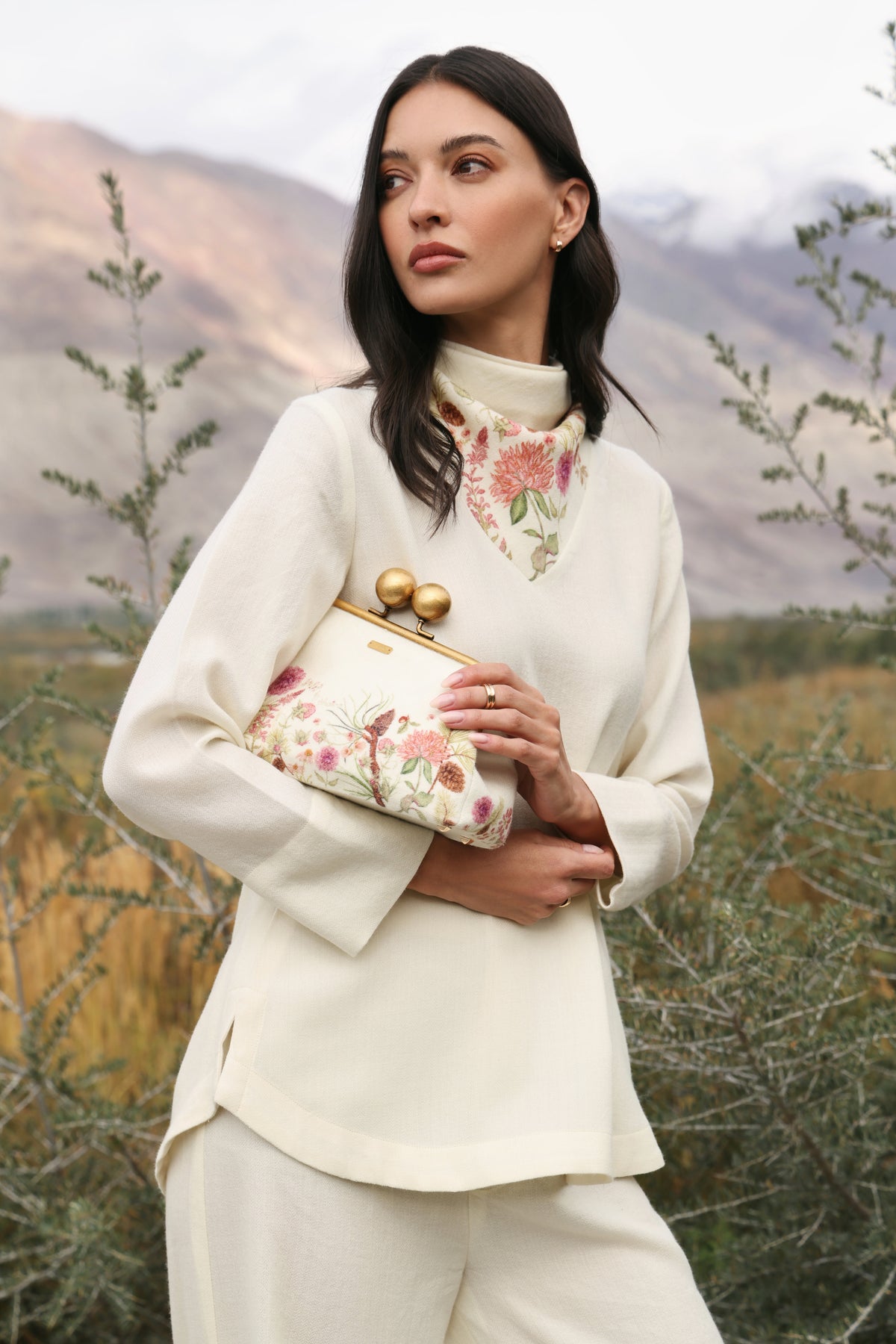 Winter Hush Button Scarf Woollen Top (Ivory Alpine Botanics)