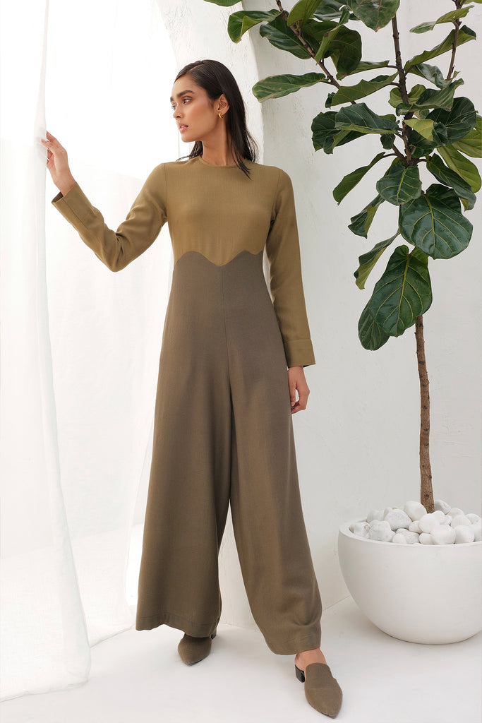 Dual Toned  Woollen Jumpsuit In Clay And Taupe With A Sway Waist Detailing & Side Pocket