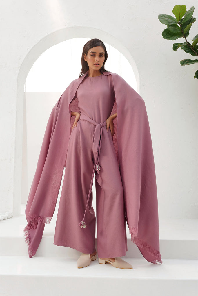 Winterberry Color Woollen Jumpsuit With Light Weight Woolllen Shawl