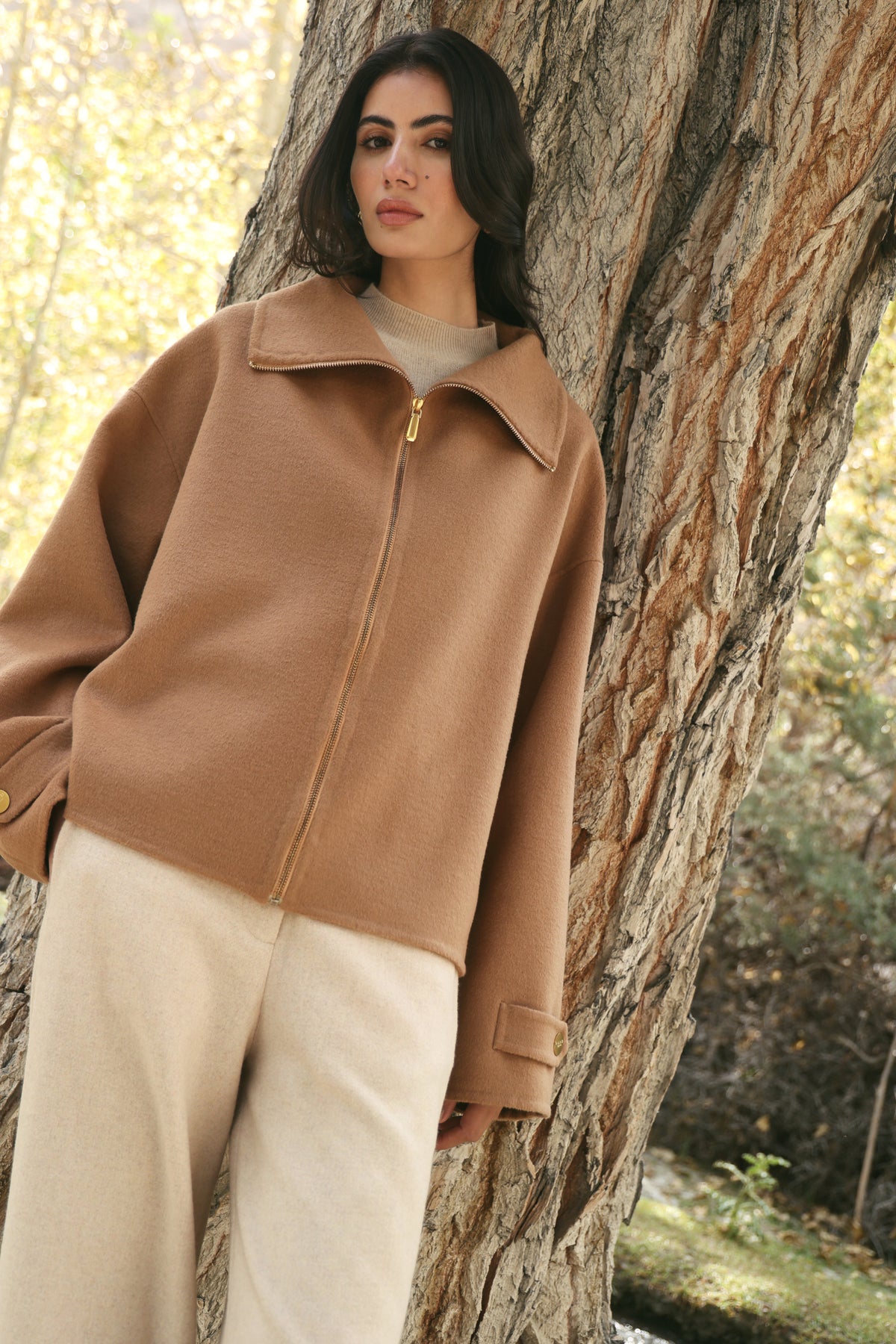 Merino Wool Blend High Neck Zip Up Jacket (Caramel)