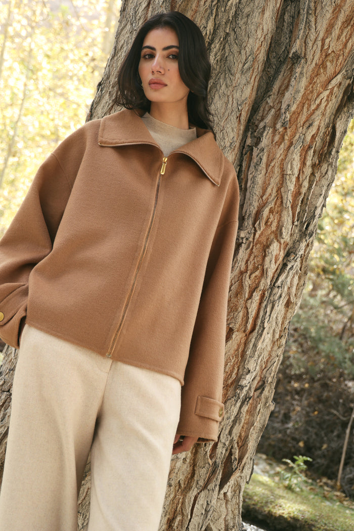 Merino Wool Blend High Neck Zip Up Jacket (Caramel)