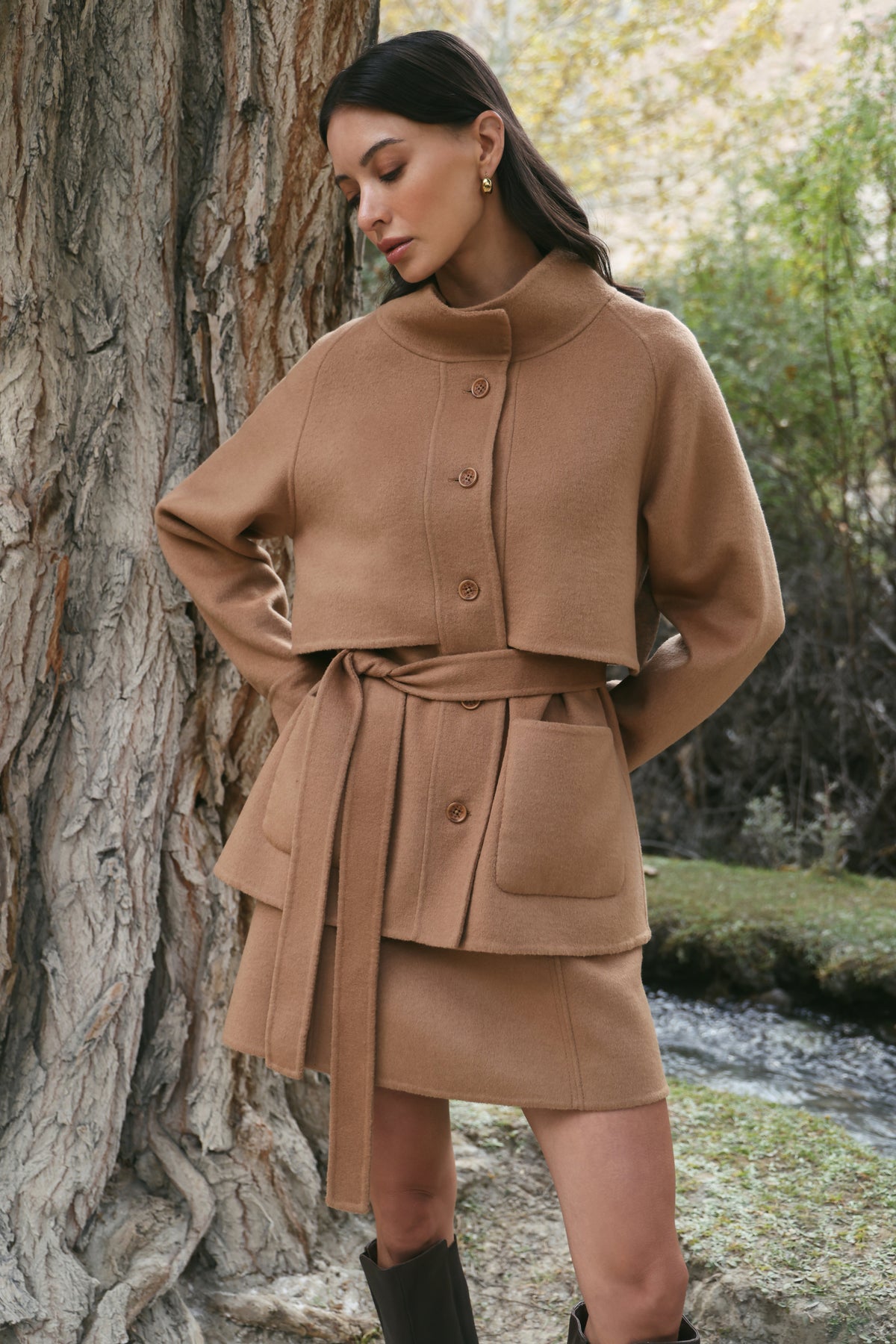 Outlands Merino Wool Blend Trench Jacket (Caramel) & Merino Wool Blend Short Skirt (Caramel)