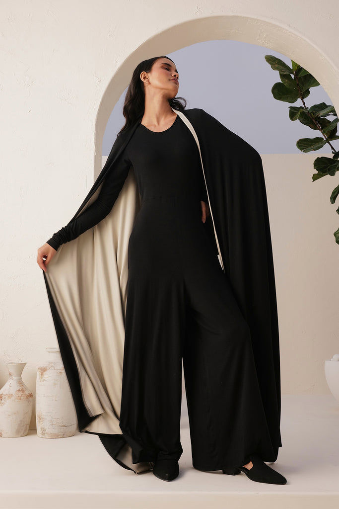 Black Jumpsuit With Black & Natural Reversible Shawl In Sand Skin Fabric