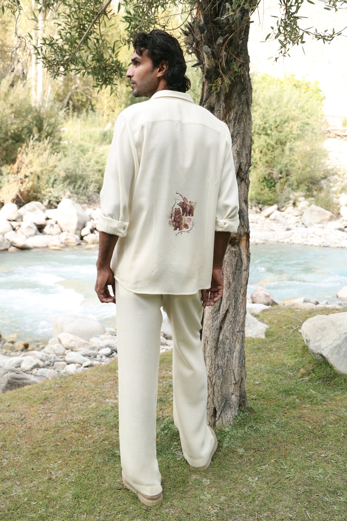 Himalayan Brown Bear Print Woollen Shirt - MAN (Alpine Botanics) & Baral Woollen Pants- MAN (Ivory)