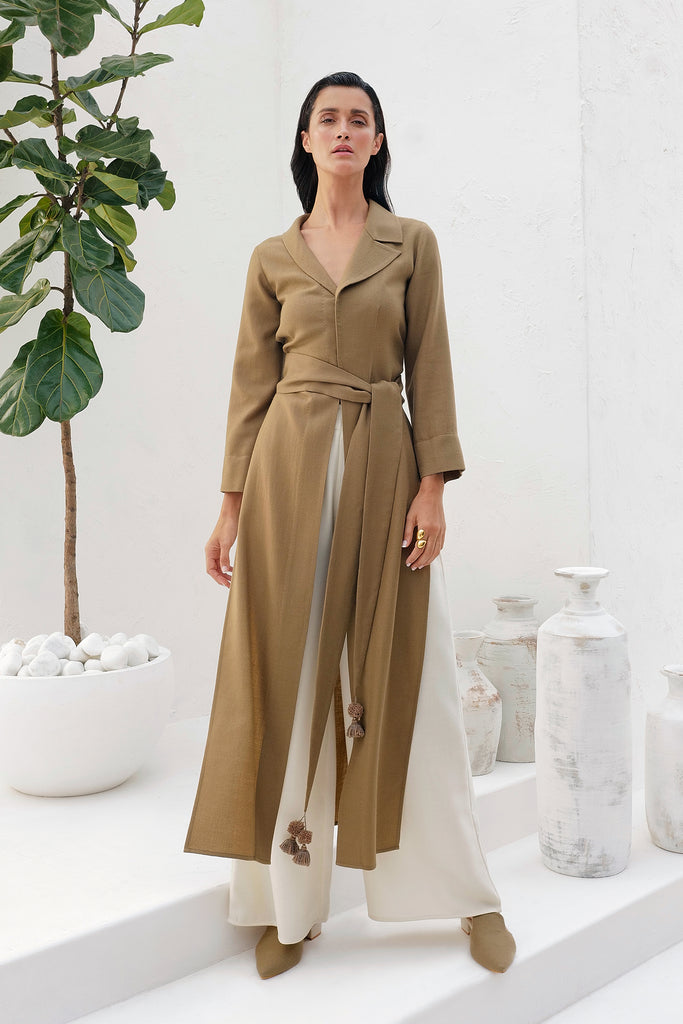 Clay Color Long Woollen Shirt In High Side Slits & Half Defined Lapel Neck With Waist Belt