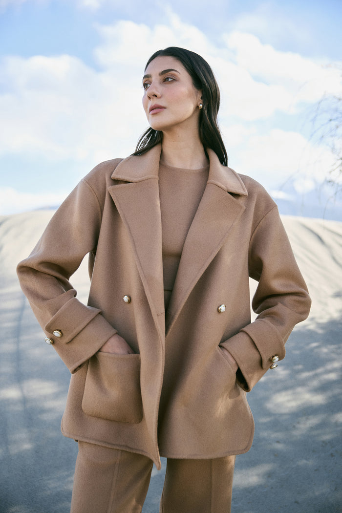 Cashmere-Silk-Merino Blend Short Coat (Warm Honey)