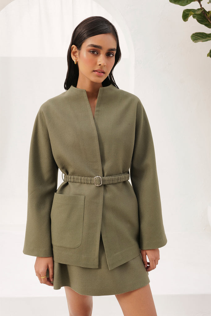 Co-ord Set Moss Woollen Blazer Jacket with Woollen Short Skirt
