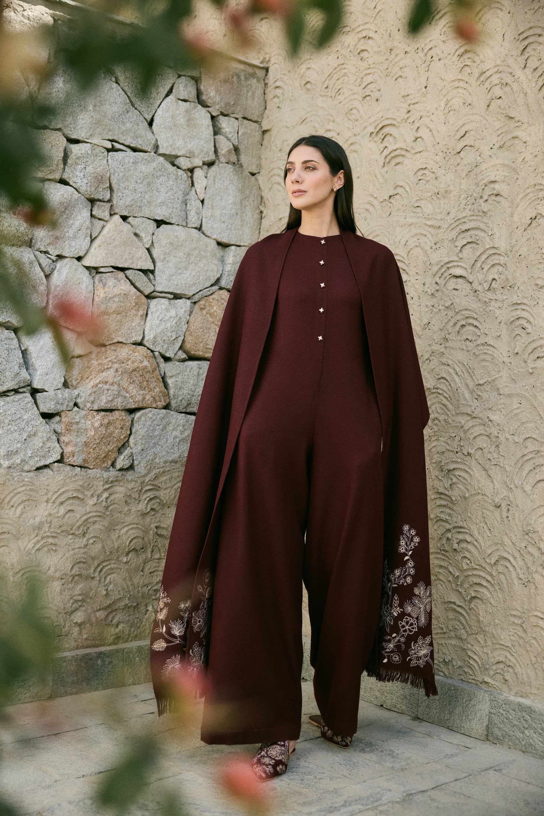 Meco Woollen Jumpsuit with Woollen Shawl (Merlot)