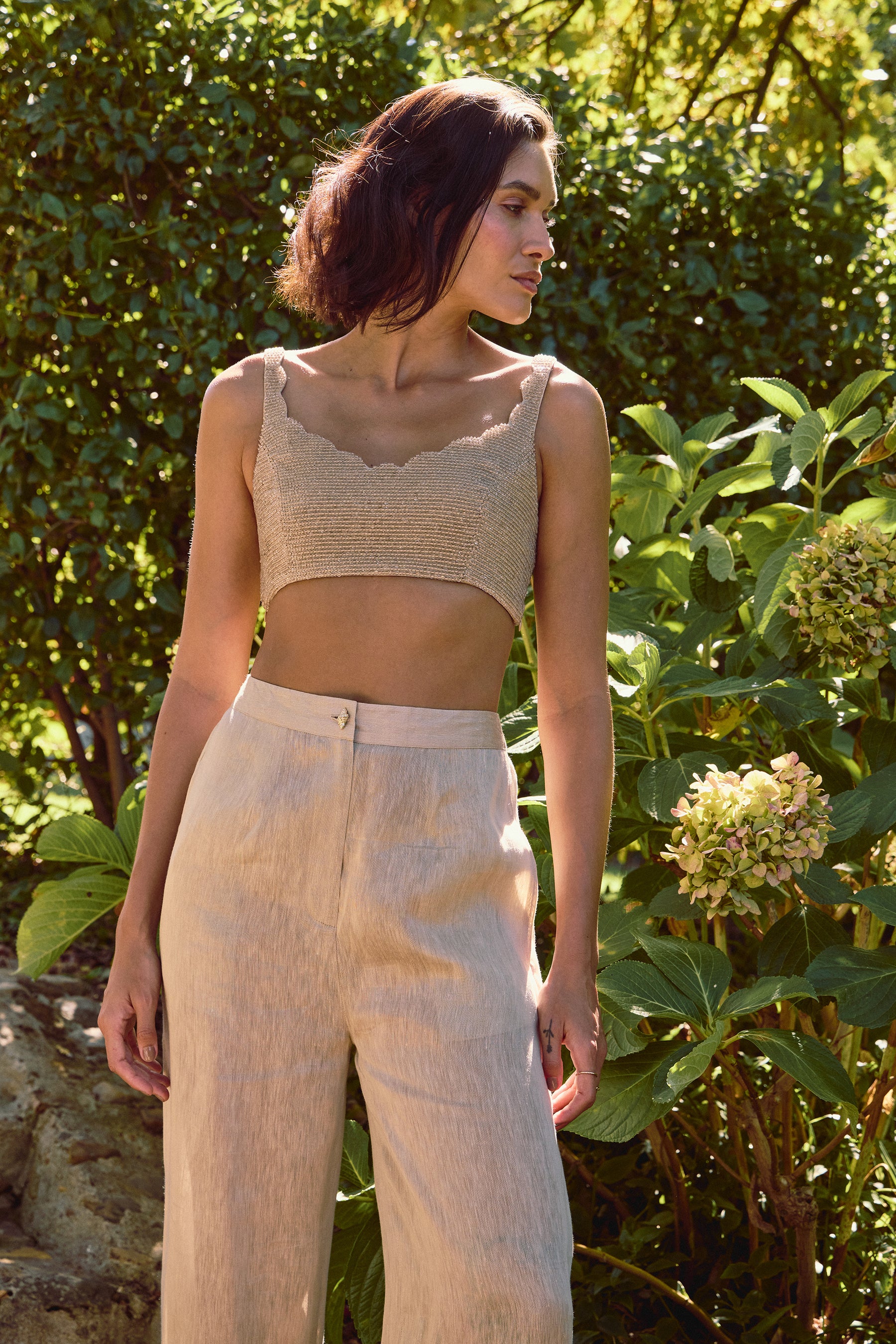 Almond Sousse Linen Silk Bandeau Top