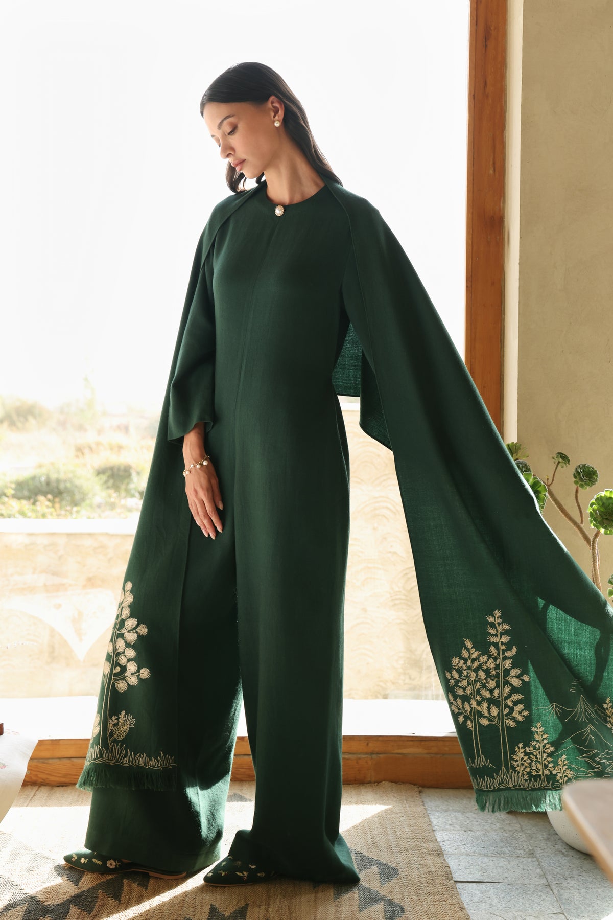Evergreen Woollen Jumpsuit (Forest Pine) & Evergreen Woollen Shawl (Forest Pine)