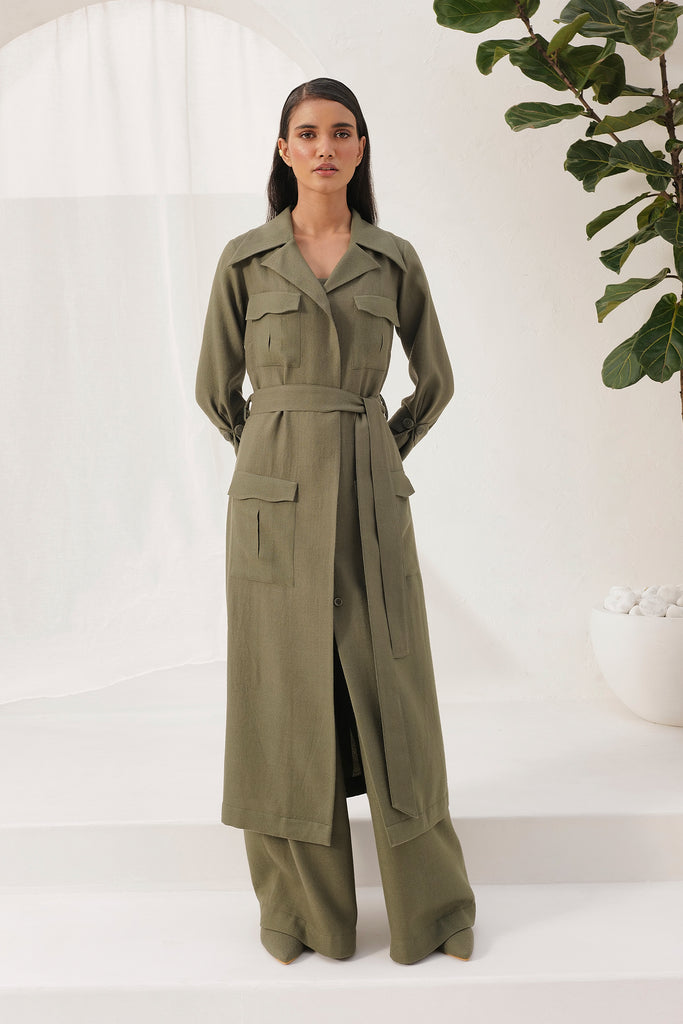 Moss Woollen Wide Legged Pants Paired With Midi Length Woollen Trench
